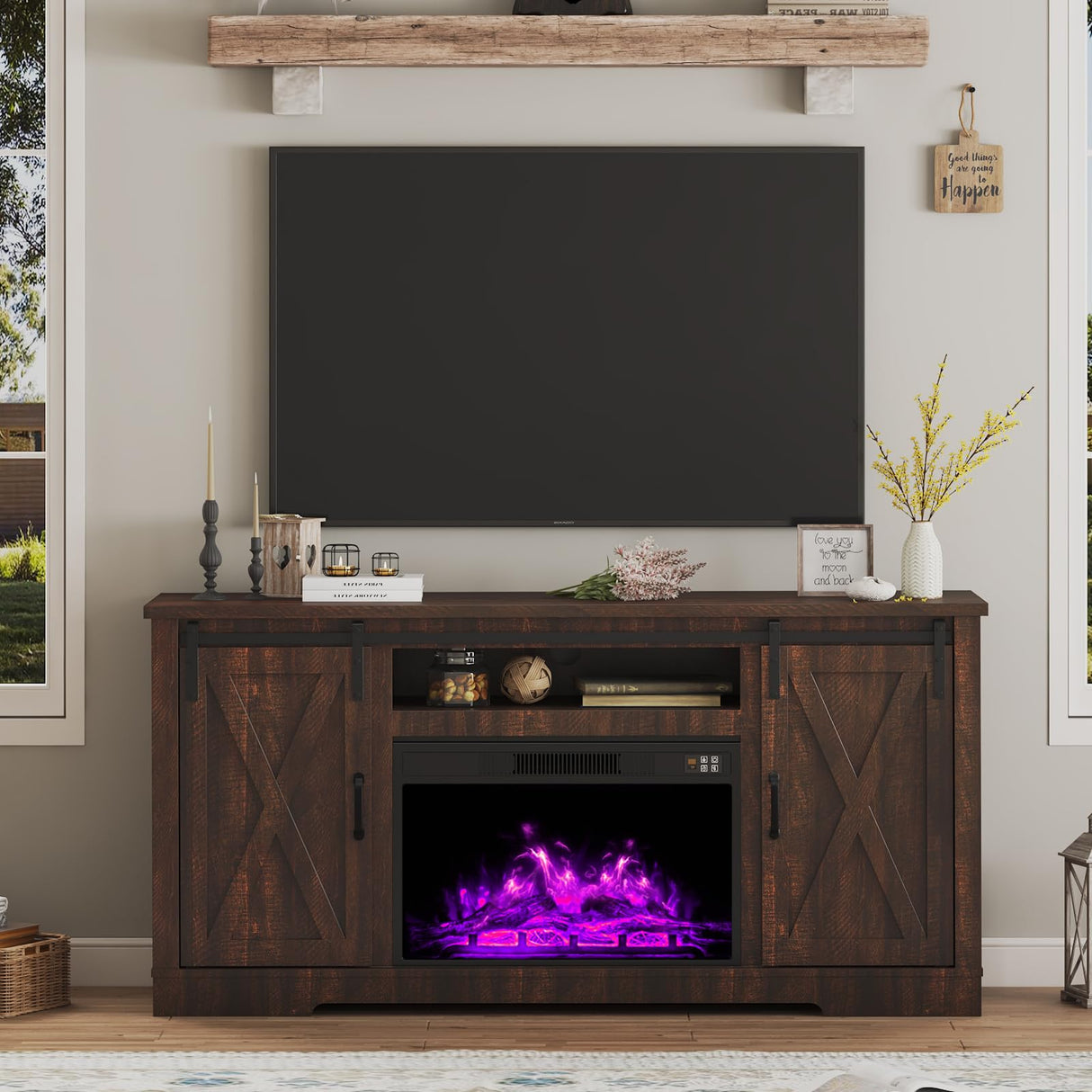 AMERLIFE Fireplace TV Stand with Sliding Barn Door for TVs up to 73", Farmhouse 63" Fireplace Entertainment Center with Storage Cabinets/Adjustable Shelves, Reclaimed Barnwood AMERLIFE