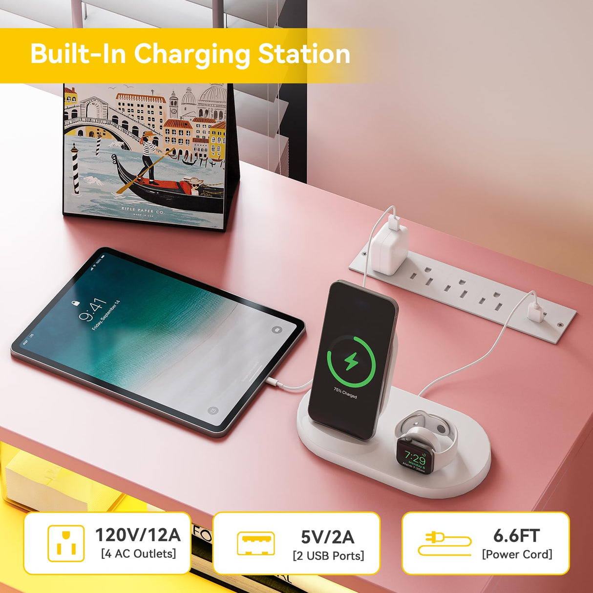 Pink Dresser for Bedroom, Modern 7 Drawers Long Dresser with Charging Station and LED Lights Design, Wooden Large Capacity Storage Chest of Drawers, Wide Dresser for Living Room, Hallway Patikuin