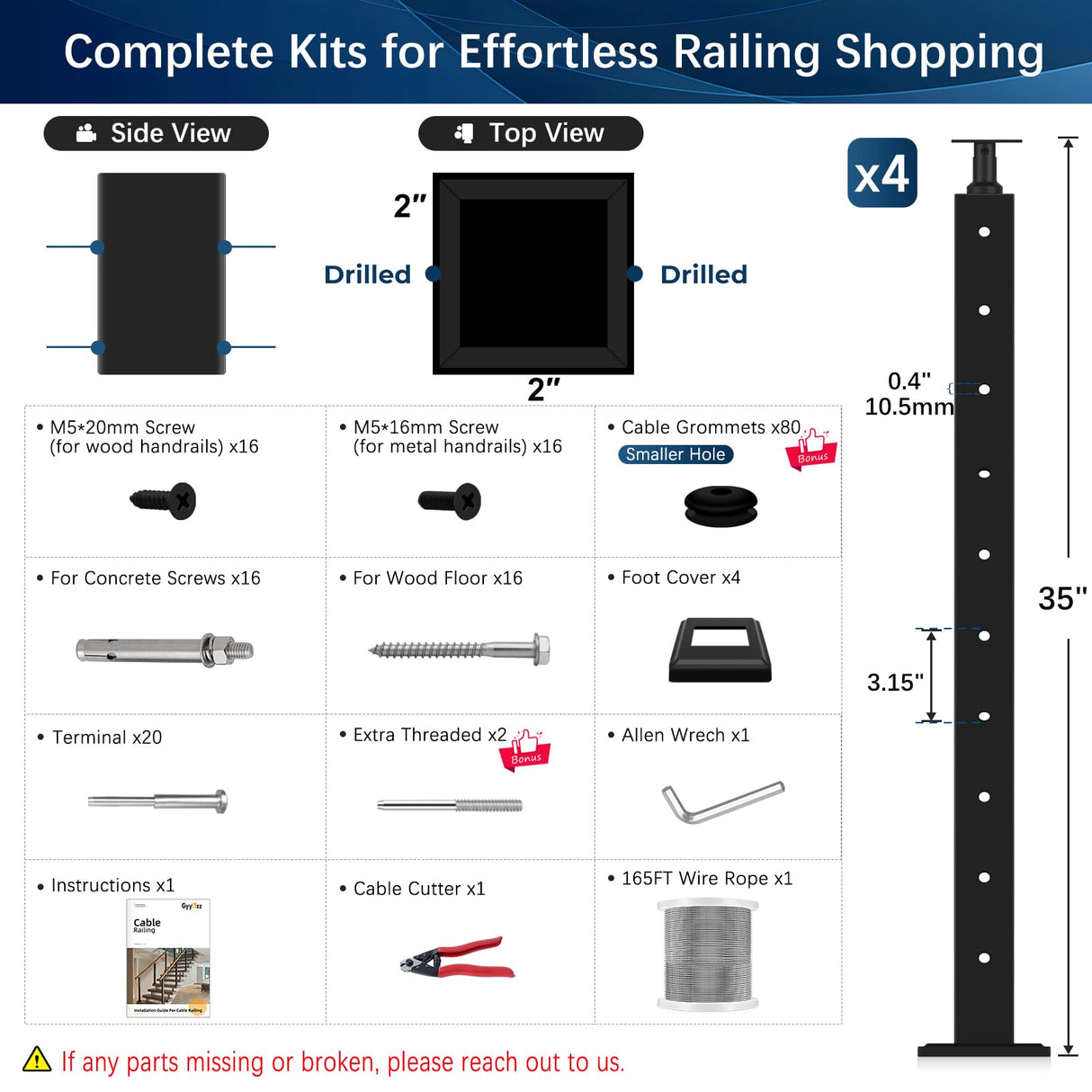 Gyykzz 36" One-Stop Cable Railing Post Kit, 4 Pack Level Drilled Line Post, Adjustable Top Cable Railing System Including 4 Railing Post, 165ft Cable, 10 Sets Terminal, 80 Cable Grommets (No Handrail) Gyykzz