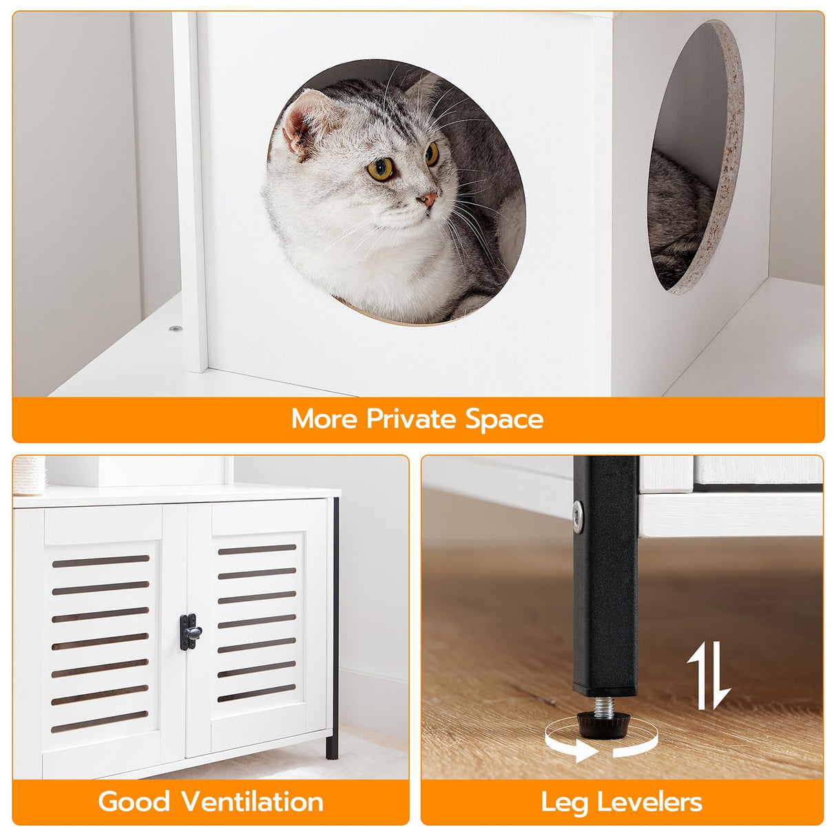 HOOBRO Cat Tree with Scratching Posts, Cat Tower Litter Box Enclosure Furniture for Indoor Cats, All-in-One Wooden Cat House Condo with Cat Hammock, Detachable Teaser Sticks, White BW14MZ03 HOOBRO