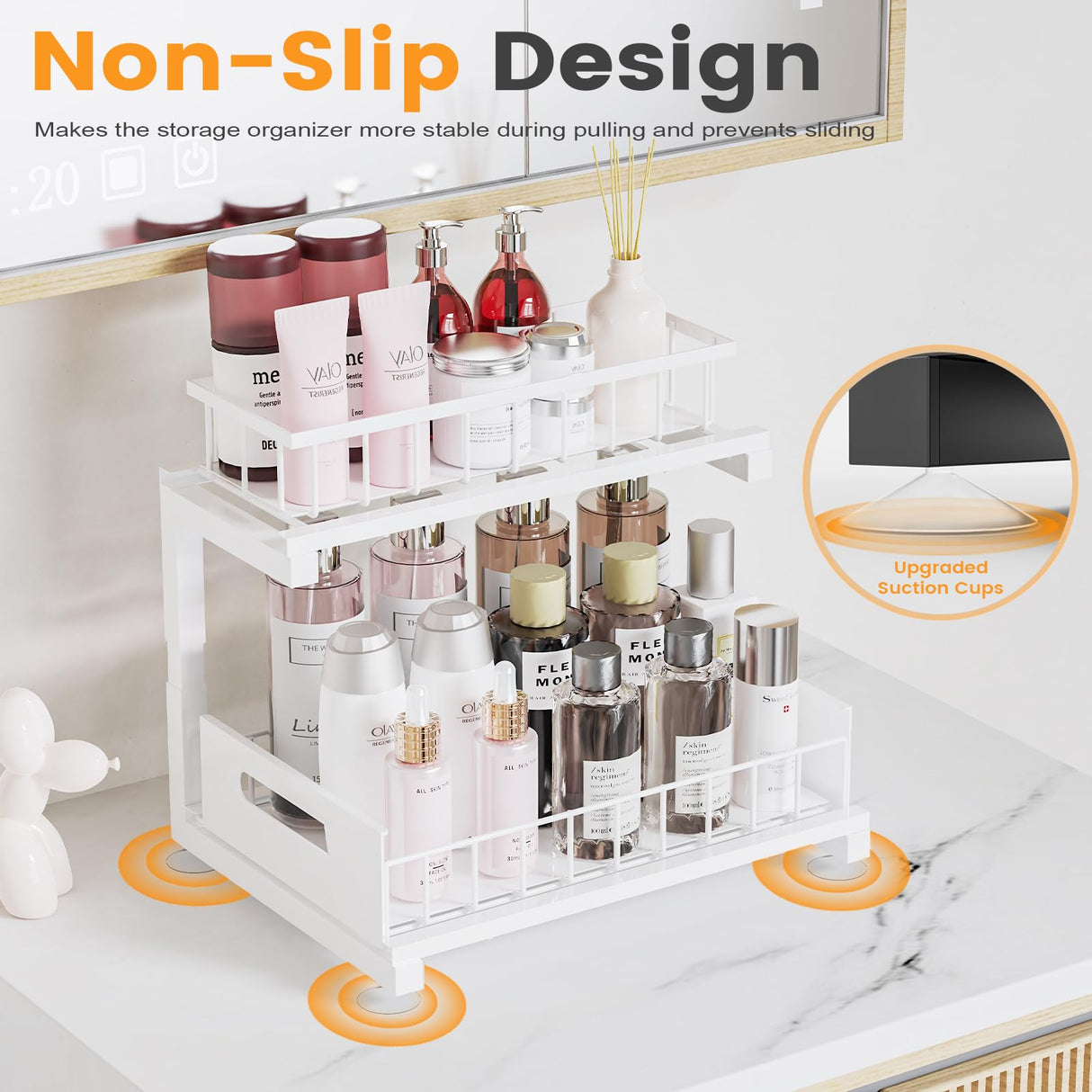 2 Pack Under Sink Organizer, 2-Tier Heavy Duty Metal Pull Out Cabinet Organizer Slide Out Sink Shelf Organizer Height Adjustable, Multi-Purpose Storage Shelf for Kitchen Bathroom (White,2 Pack) Toyear