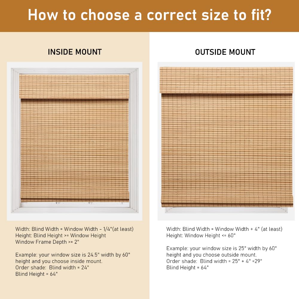 SEEYE Cordless Bamboo Roman Shades, Blackout Natural Bamboo Blinds for Indoor Windows, Roll Up Blind Privacy Shade for Home, Office, Door, UV Resistant & Easy to Install, 22" W x 64" H, Carbonized SEEYE