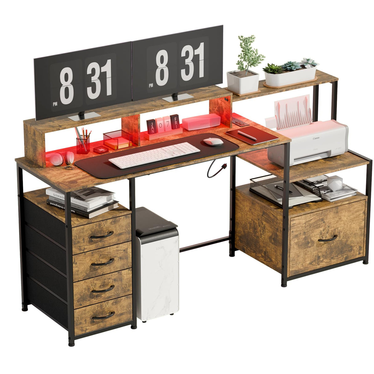 EDWINENE Computer Desk with Drawers, 67 Inch Office Desk with Storage and Power Outlet, Work Table for Home Office, Gaming Desk with Led Lights, Rustic Brown EDWINENE