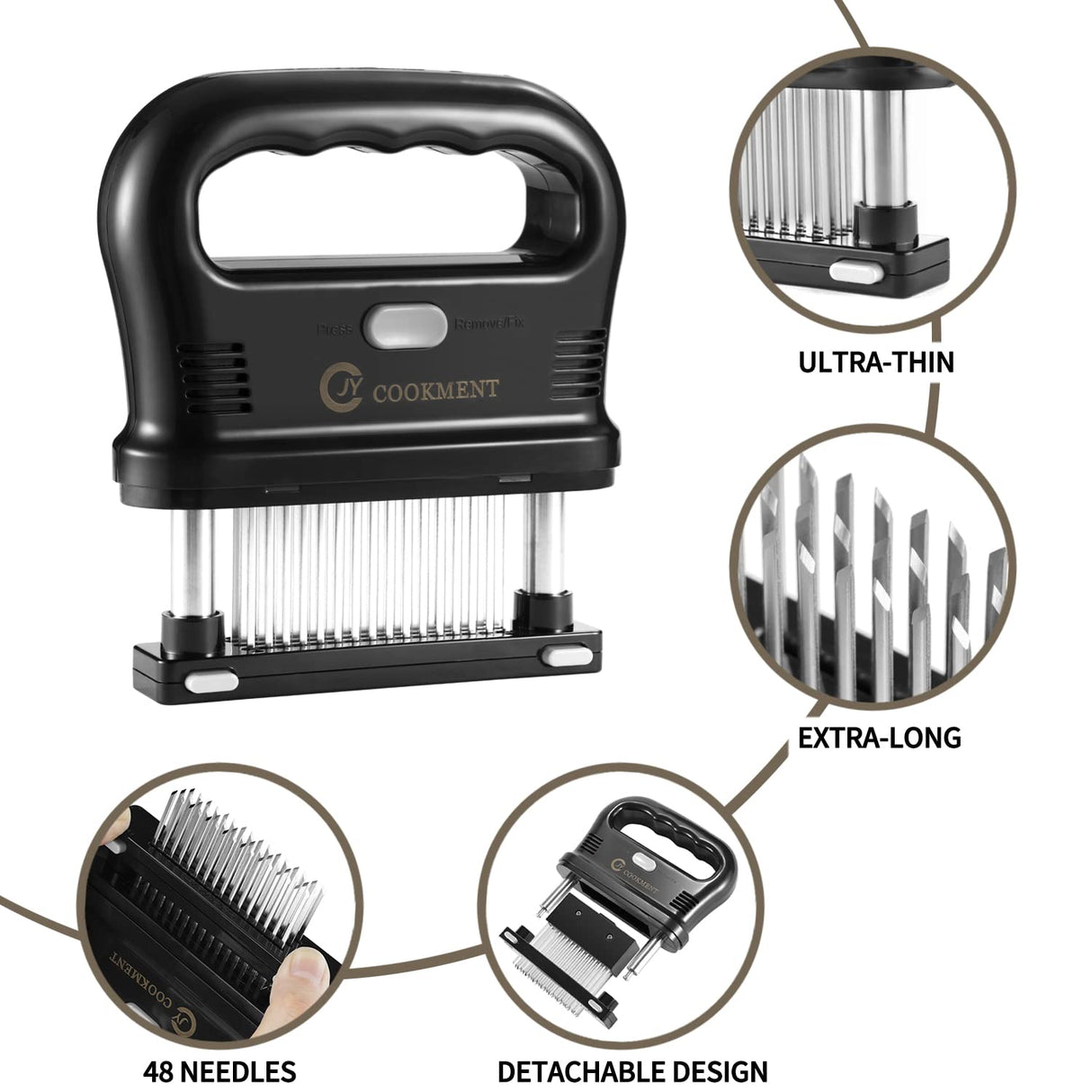 JY COOKMENT Meat Tenderizer Tool with 48 Stainless Steel Ultra Sharp Needle Blades, Detachable Kitchen Cooking Tool Best For Tenderizing, BBQ, Marinade JY COOKMENT