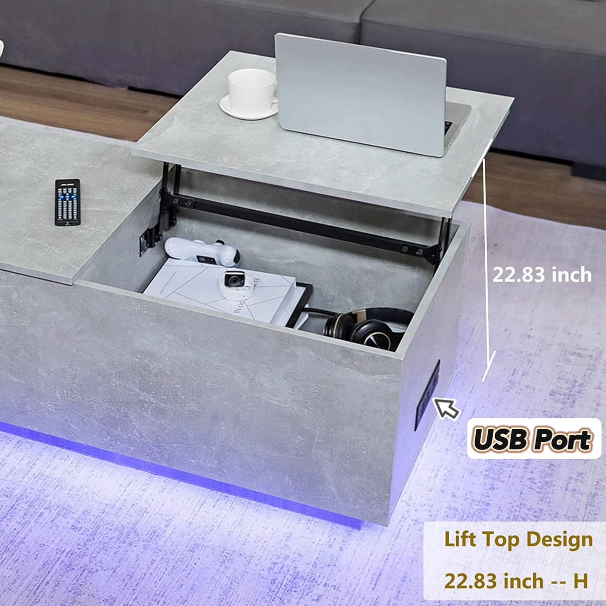 HOMMPA Lift Top Coffee Table with Charging Station Grey Led Coffee Table with Storage Hidden Compartment Modern Coffee Table with Lift Top Center Table with 16 Color LED Light for Living Room 17.7" H HOMMPA