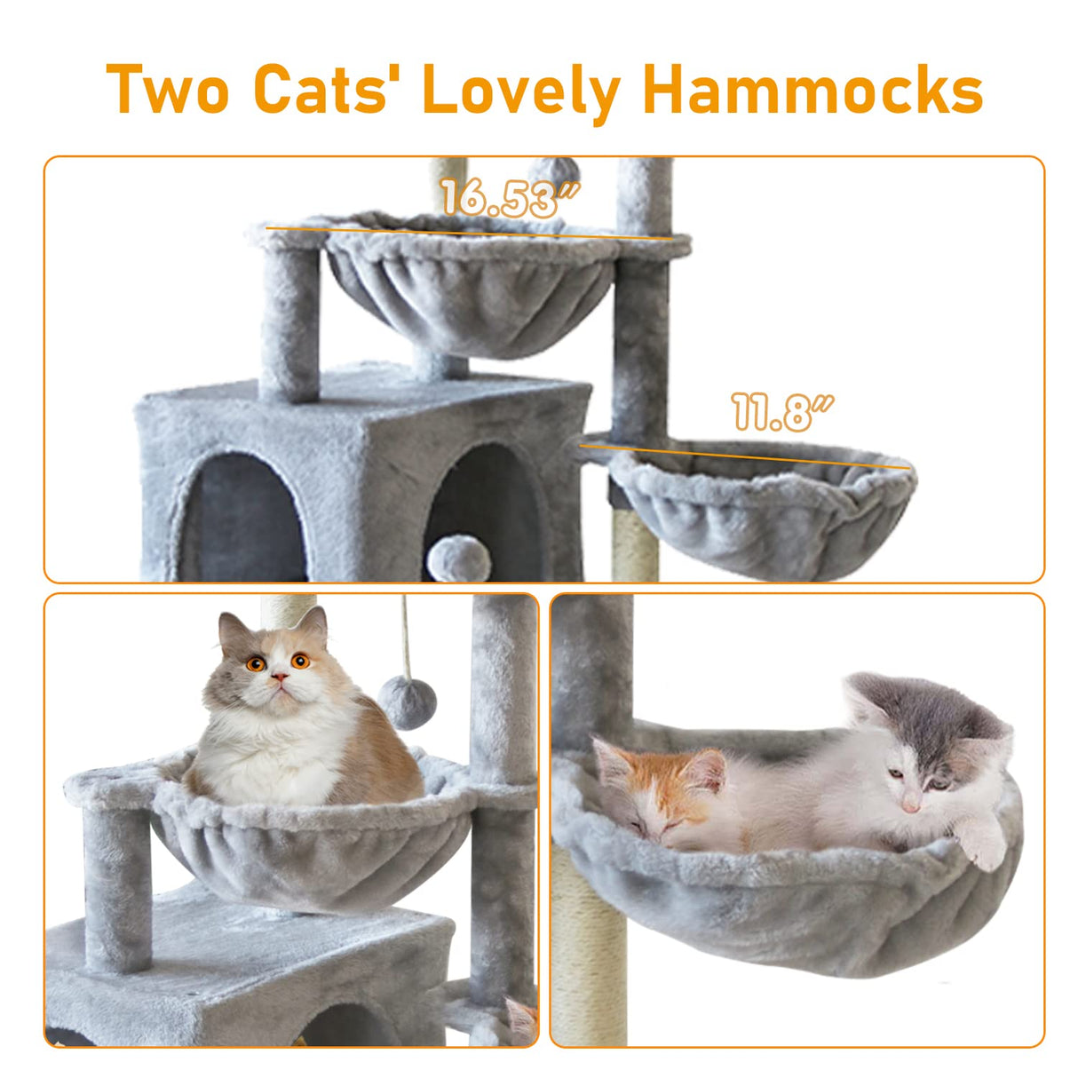 KIYUMI Cat Tree Cat Tower Condo with Sisal Scratching Post for Indoor Cats Cat Tree Cat Furniture with Hammock Perch and Kitten Ball Toys, Multi-Level Pet Activity Center Grey KIYUMI