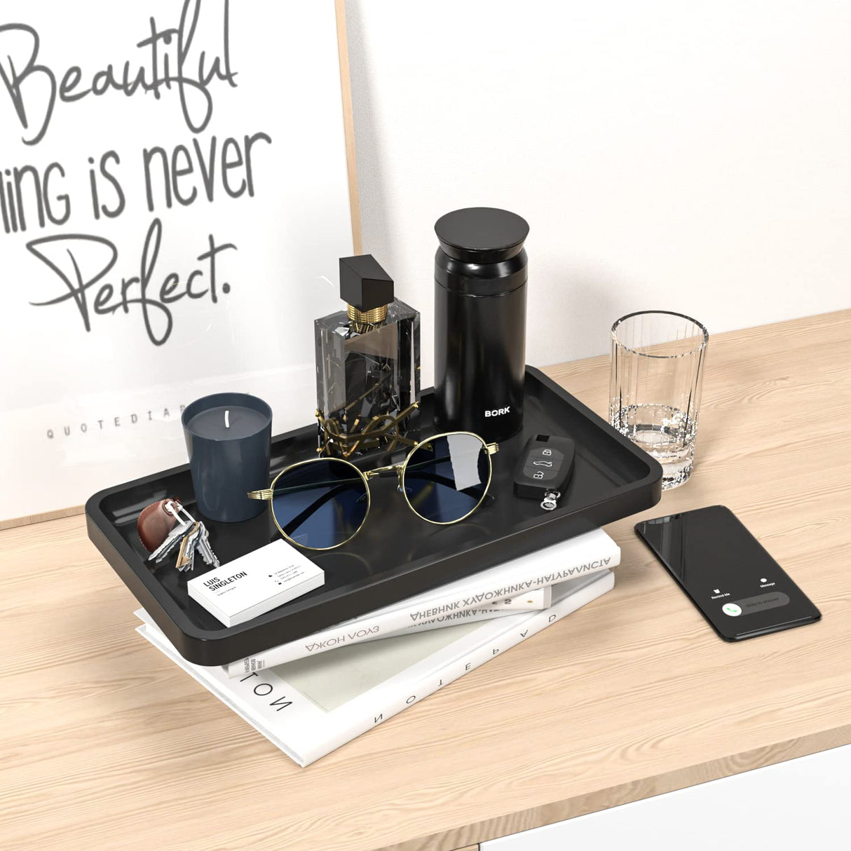 Bathroom Vanity Tray for Countertop - Bamboo Organizer Tray for Dresser Tops, Toilet, Perfume Small Decorative Wood Tray for Home Decoration 11.4” L x 6.1” W x 0.7” H (Black) Weenson