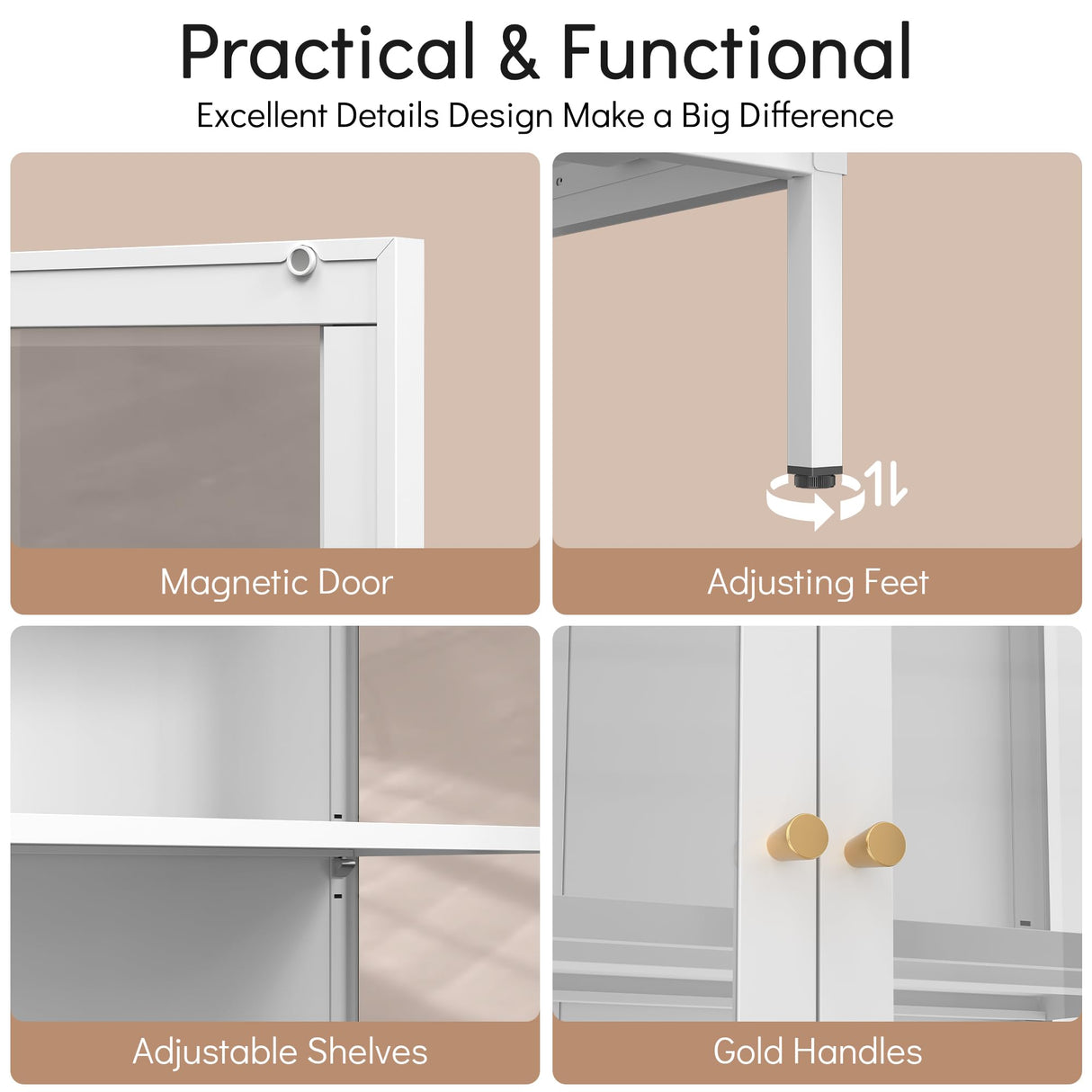 Polup Glass Display Cabinet with Doors and Shelves, White Curio Cabinet with 3 Side Tempered Glass, 66 Inch Tall Display Case for Collectibles, Metal Storage Cabinet for Living Room, Assemble Required Polup