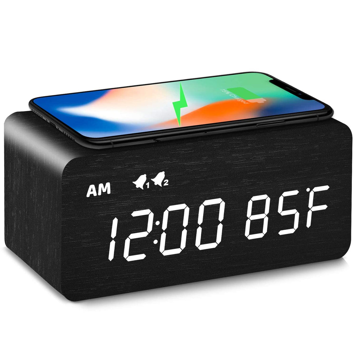 MOSITO Digital Wooden Alarm Clock with Wireless Charging, 0-100% Dimmer, Dual Alarm, Weekday/Weekend Mode, Snooze, Wood LED Clocks for Bedroom, Bedside, Desk, Kids (Black) MOSITO
