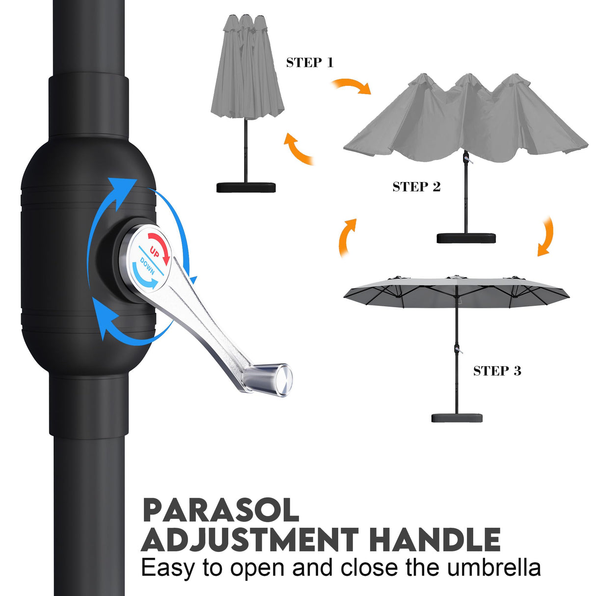 DomeShade 15ft Patio Umbrella with Base,Large Outdoor Double-Sided Rectangle Umbrella with Crank Handle, Market Umbrella for Poolside Garden Deck Backyard Beach Pools, Gray DomeShade