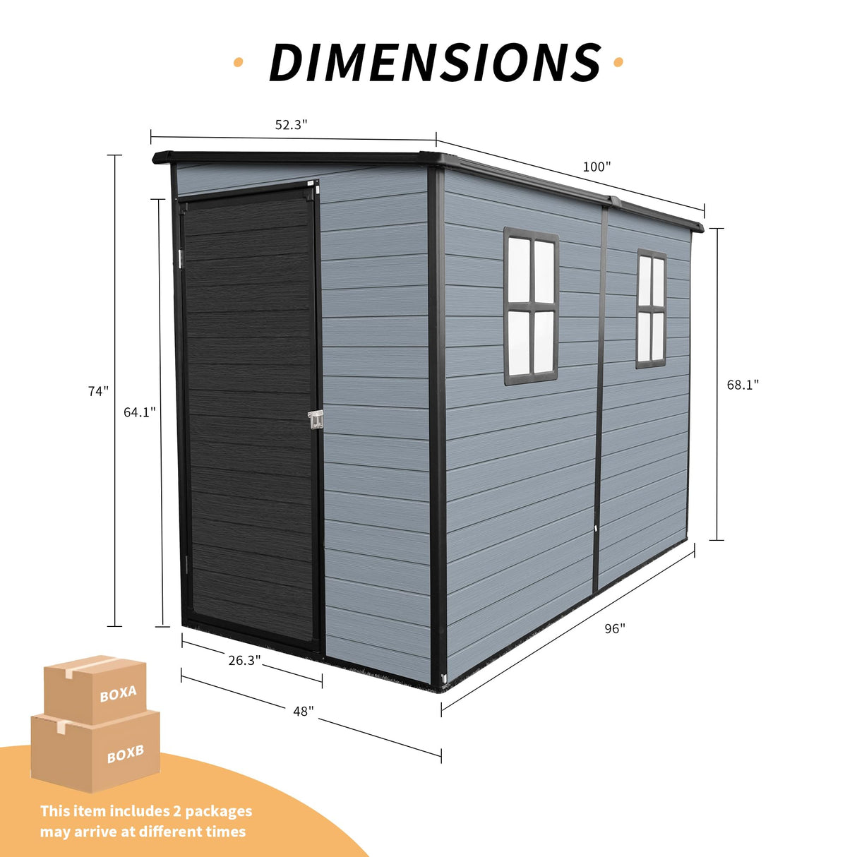LANTRO JS 4x8FT Plastic Storage Shed with Floor, Outdoor Storage Shed with Floor Included, with 2 Windows and Lockable Door, Backyard Storage Sheds for Garden Tools, Bike, Gray and Black LANTRO JS