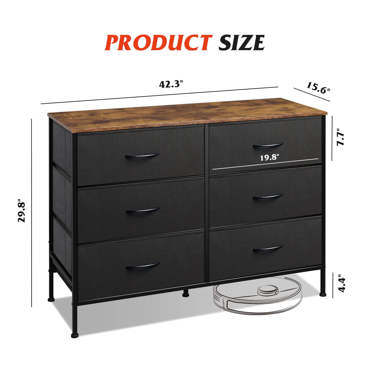 WLIVE Wide Dresser with 6 Drawers, TV Stand for 50" TV, Entertainment Center with Metal Frame, Wooden Top, Fabric Storage Dresser for Bedroom, Hallway, Entryway, Black and Rustic Brown WLIVE