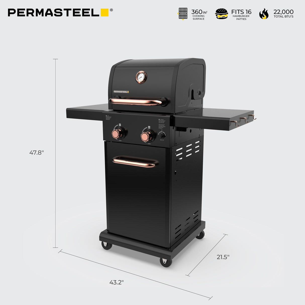Permasteel 2-Burner Propane Gas Grill, BBQ Grill with Foldable Side Tables & Tool Hooks, Perfect for Outdoor Cooking, Patio & Garden, Black/Copper Permasteel