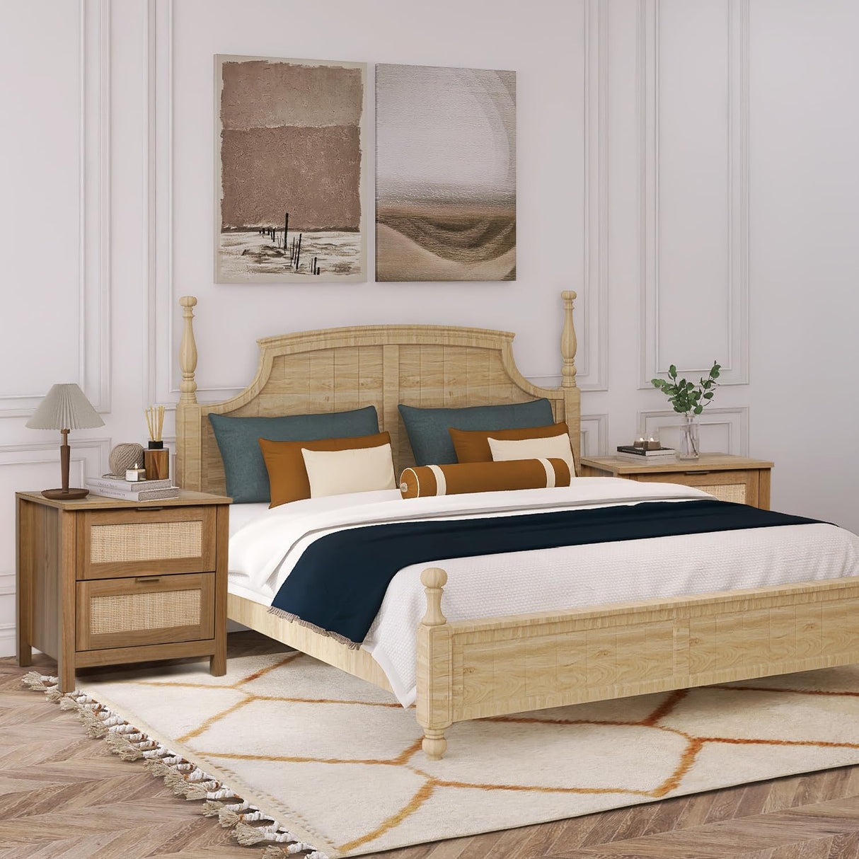 AILEEKISS Night Stand Set of 2 Rattan Nightstands with Wireless Charging Station, Wood Accent Bed Side End Tables with 2 Rattan Drawers, Modern Bedside Stand for Bedroom, Living Room (Natural Oak) AILEEKISS