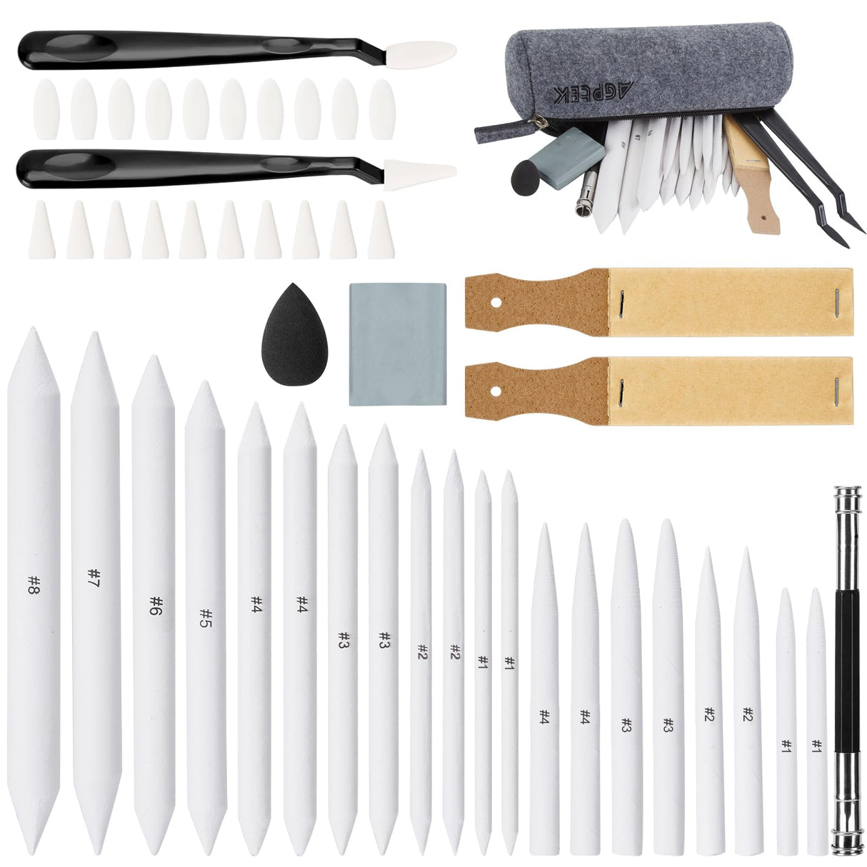 AGPTEK 48 PCS Sketch Drawing Tools, 20 Blending Stumps Set and 2 Sandpaper Pencil Sharpeners, Pencil Extension, Erasers,20 sponge replacement heads & 1 Felt Bag for Student Sketch Drawing Accessories AGPTEK
