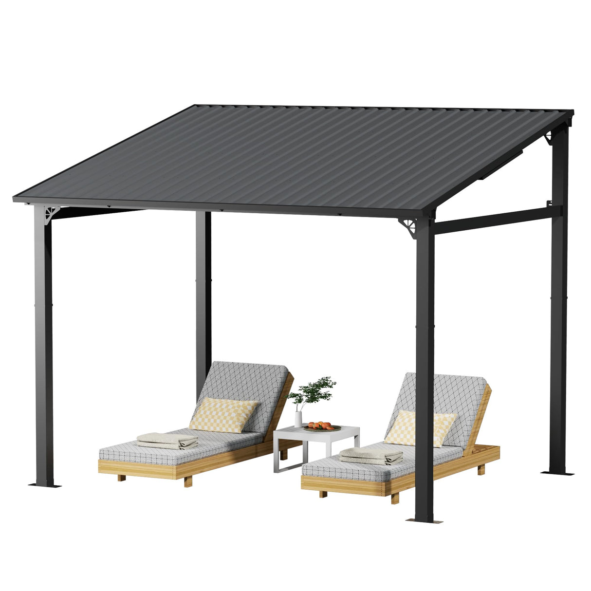 EBE 10' x 8' Hardtop Gazebo, Lean to Gazebos Outdoor Pergola with Galvanized Steel Roof, Wall Mounted Gazebo Pergola, Metal Awning for Patio, Decks, Backyard EBE