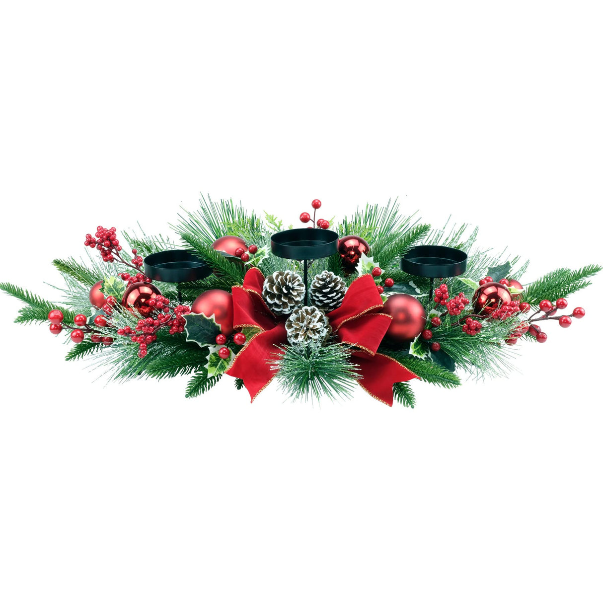 YULETIME 28" Christmas Triple Candelabrum, Holiday Candle Holder with Three Trays, Red Bowknot & Baubles, Natural Pine Cones, Red Berries, Green Leaves Holly, Spruce Branches, Pine Needles YULETIME