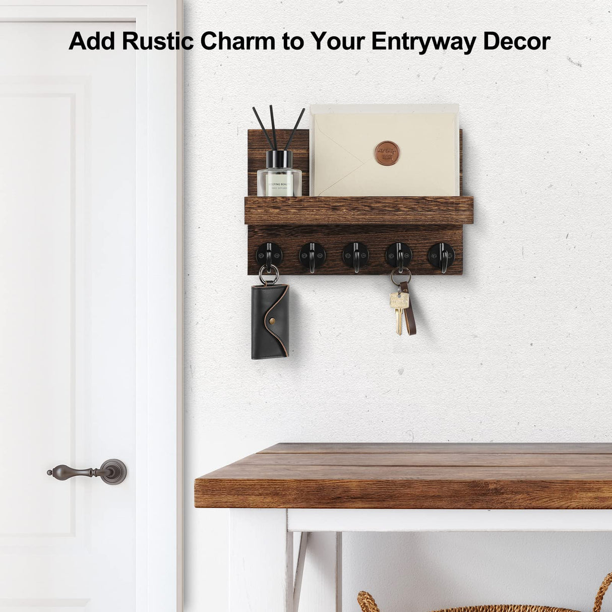 Lwenki Key Holder for Wall, Decorative Key and Mail Holder with Shelf Has Large Key Hooks for Bags, Coats – Paulownia Wood Key Hanger with Mounting Hardware (9.8”W x 6.7”H x 4.2”D) (Brown) Lwenki