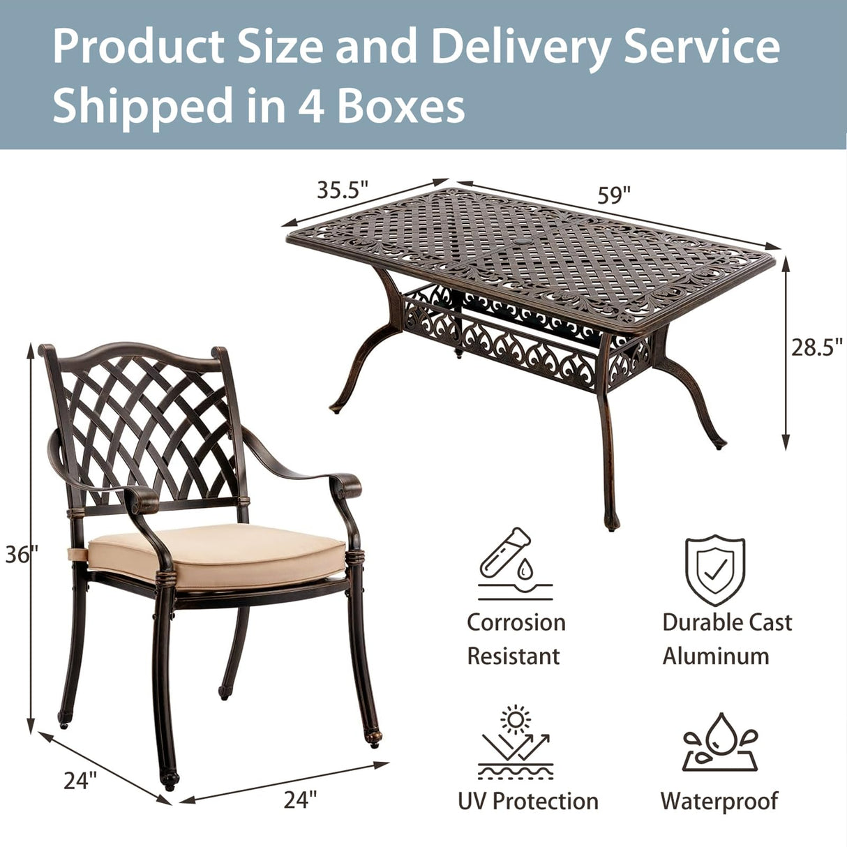 AIWOEN 7-Piece Cast Aluminum Patio Furniture, Patio Dining Set for 6 Include 59" Rectangular Outdoor Dining Table and 6 Stackable Chairs with Cushions & Umbrella Hole (Bronze) AIWOEN