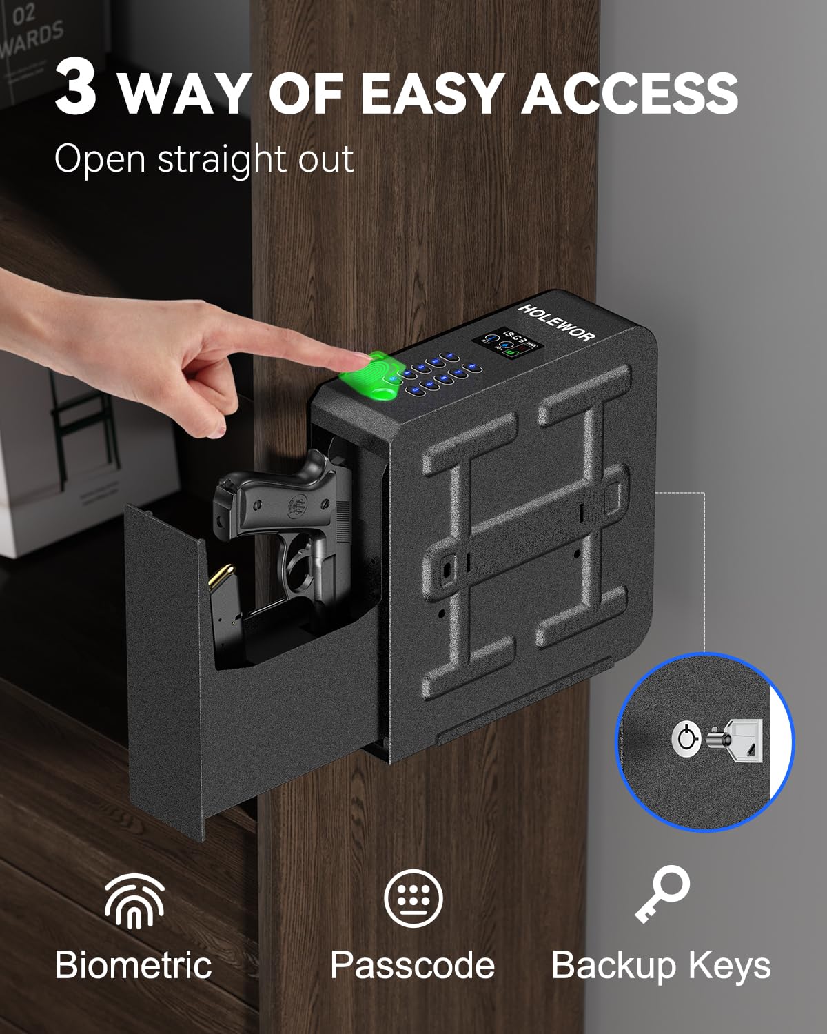 HOLEWOR Gun Safe, Slider Biometric Pistol Safe Fingerprint Handgun Safe, Mounted Single Gun Safe for Handgun with 3 Ways Quick Access Bedside Gun Safe for Nightstand, Bed, Desk, Wall, Dresser HOLEWOR