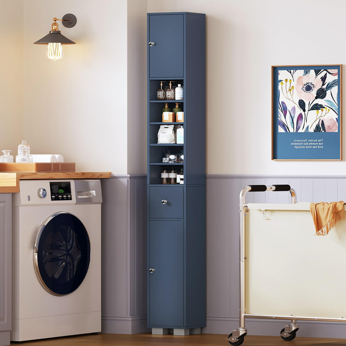 TEENFON Bathroom Cabinet, Narrow Bathroom Storage Cabinet with 5 Adjustable Shelves & Drawer, Freestanding Cupboard for Small Spaces, Blue TEENFON