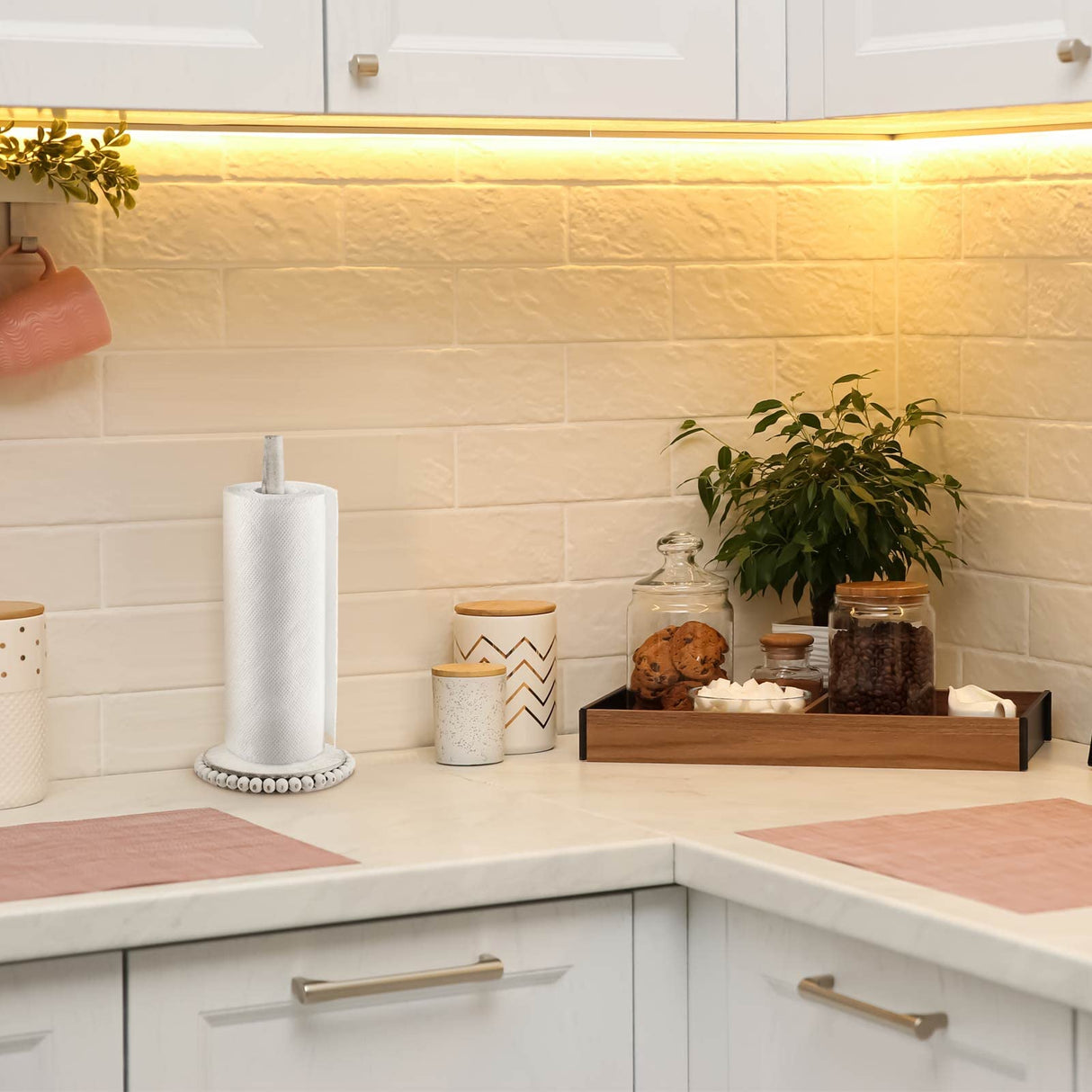 Farmhouse Paper Towel Holder Washed Beaded Paper Towel Stand Wood Paper Hanger Rack Standing Towel Roll Stand Organizer Paper Roll Holder Roll Dispenser for Kitchen Bathroom Countertop Cabinet, White Yoande