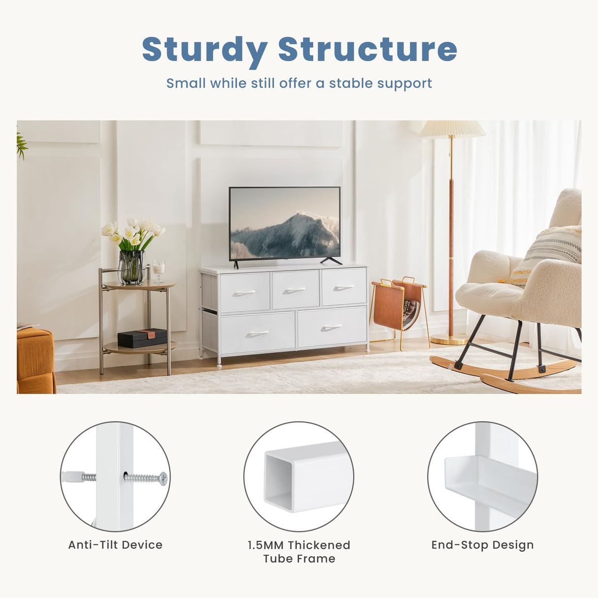 DUMOS Dresser for Bedroom, 5 Storage Drawers, Wide Fabric Closet Chests Organizer Tower Furniture with Wooden Top Metal Frame for Clothes, Guest Room, Living Room, Hallway, Entryway DUMOS