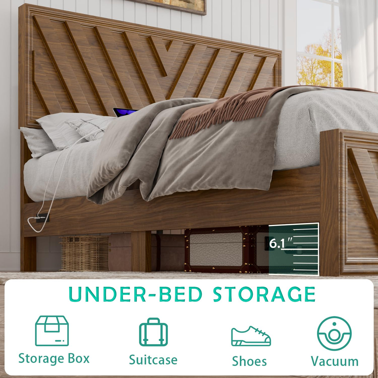 Incyneva Queen Bed with Adjustable Headboard, Farmhouse Platform Bed Wood with LED Light and Charging Station, Diagonal Line & Rustic Brown Incyneva