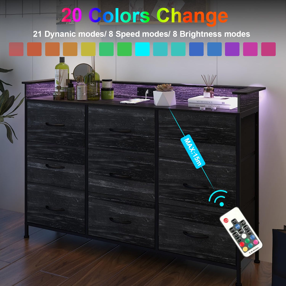 EXOTICA Black Dresser with Charging Station 9 Drawers Dresser with LED Light and USB Ports Fabric Dresser for Bedroom Hallway Entryway Closets Sturdy Steel Frame Wood Top EXOTICA