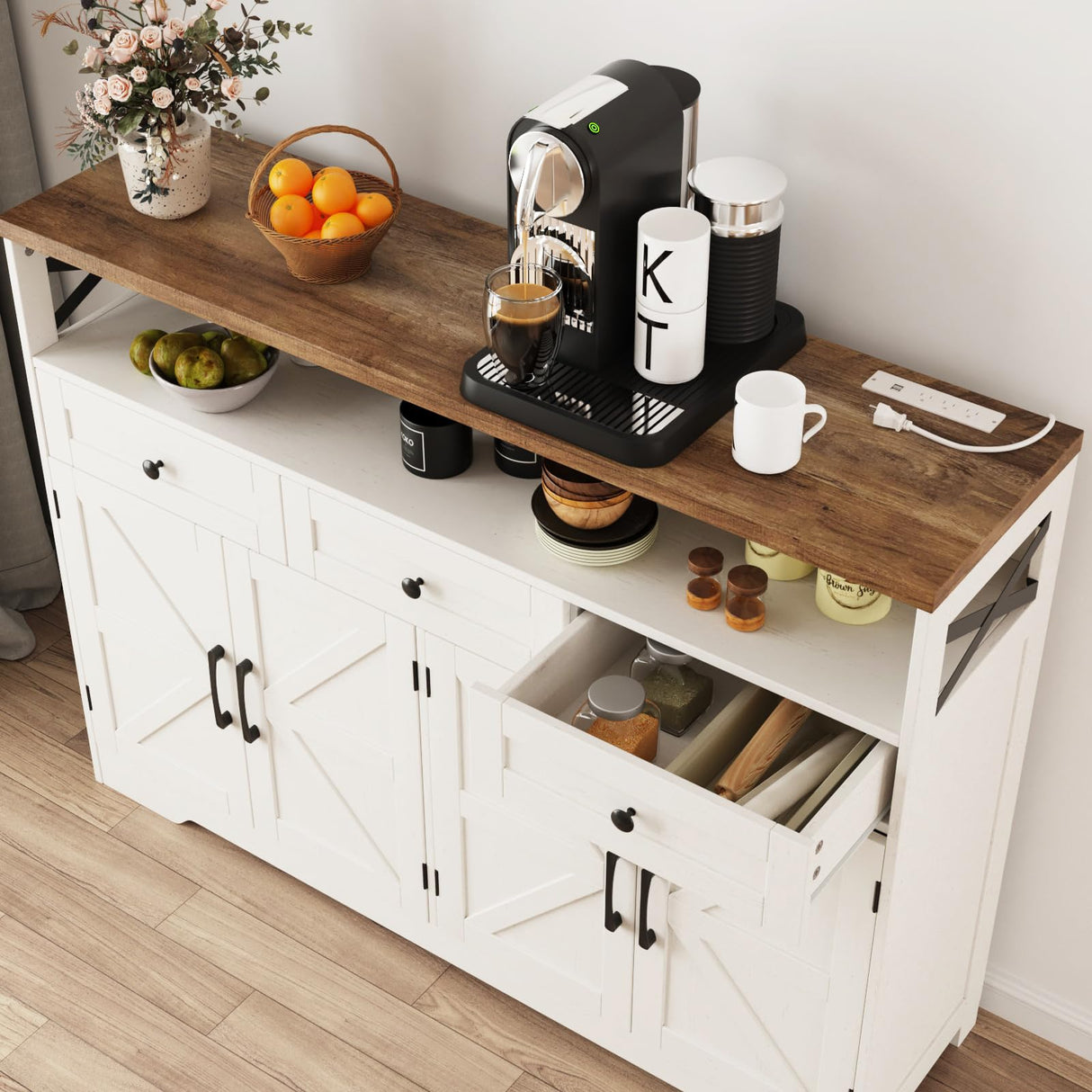 Befrases Farmhouse Buffet Cabinet with Drawers & Open Shelf, Sideboard Storage Cabinet, Kitchen Hutch Pantry, Wood Coffee Bar Station Cabinet for Kitchen, Dining Room, Hallway, 52" L White Befrases