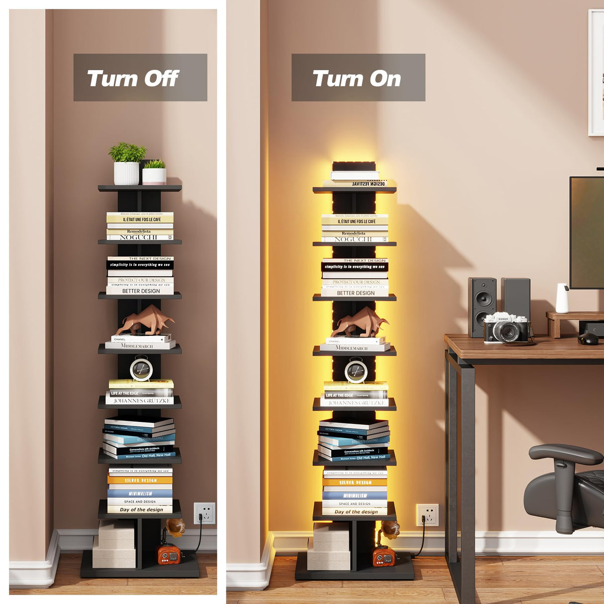 TUTOTAK Narrow Bookshelf, 8-Tier Bookcase with LED Lights, Spine Book Shelf for Small Space, Corner Standing Shelf for Living Room, Office, Study, Entryway, Black BS06BK008L TUTOTAK