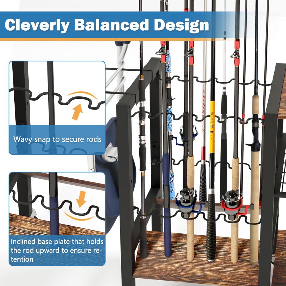 3-Tier Fishing Rod Holder, Garage Fishing Rod Rack, Fishing Rod Organizer for 12 Rods, Space Saving Fishing Pole Storage System for Garage Boat RV Basement, with Wheels Hooks and Storage Bag COLCUT