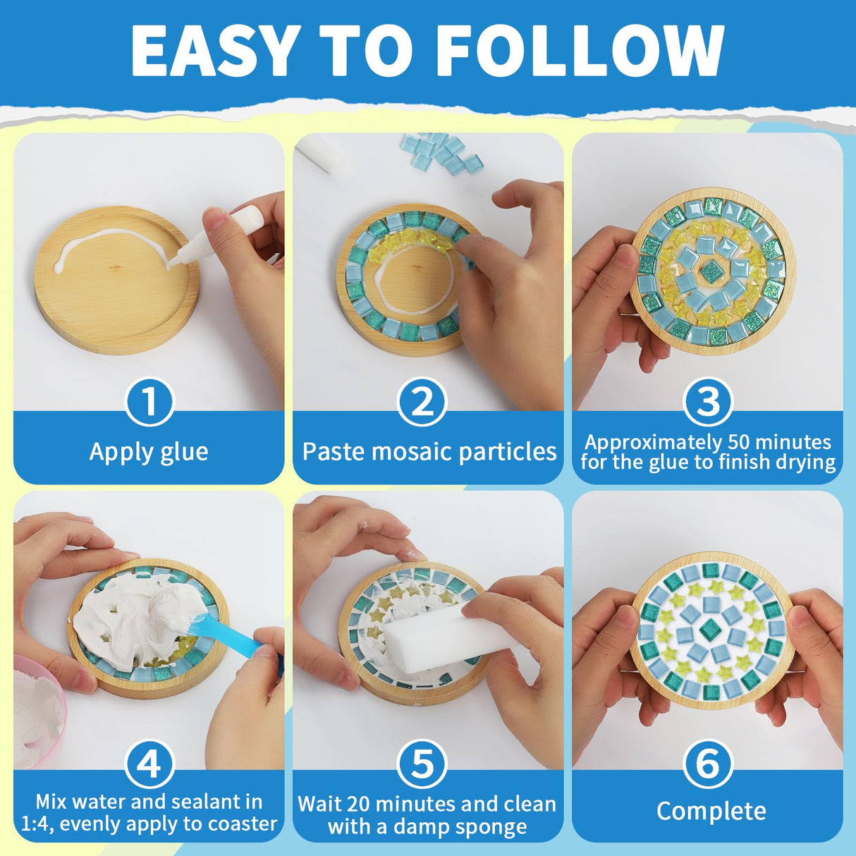 Mosaic Tiles,Tumwisk 4 Sets DIY Glass Mosaic Tiles for Crafts,4 Styles of DIY Mosaic Coaster Kit Material Package for Adults Handmade Home Table Desk Decoration Housewarming Present Tumwisk