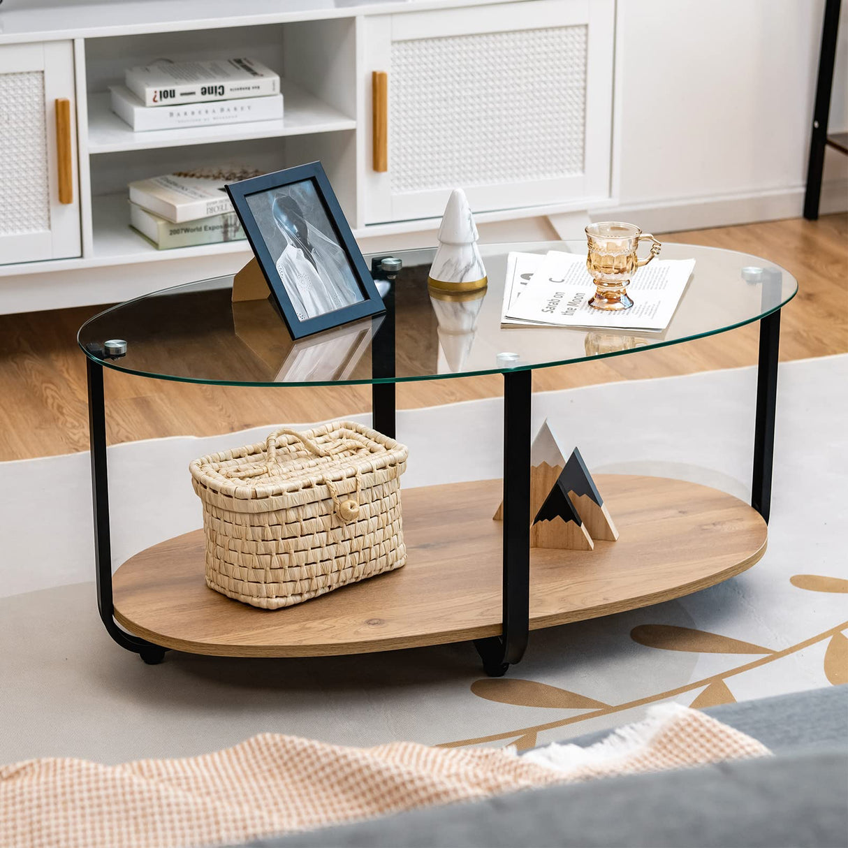 Tangkula Glass Coffee Table, 2 Tier Oval Tea Table with Tempered Glass Tabletop and Wooden Shelf, Modern Glass Sofa Center Table for Home Office, Metal Legs, Home Decor Accent Cocktail Table Tangkula
