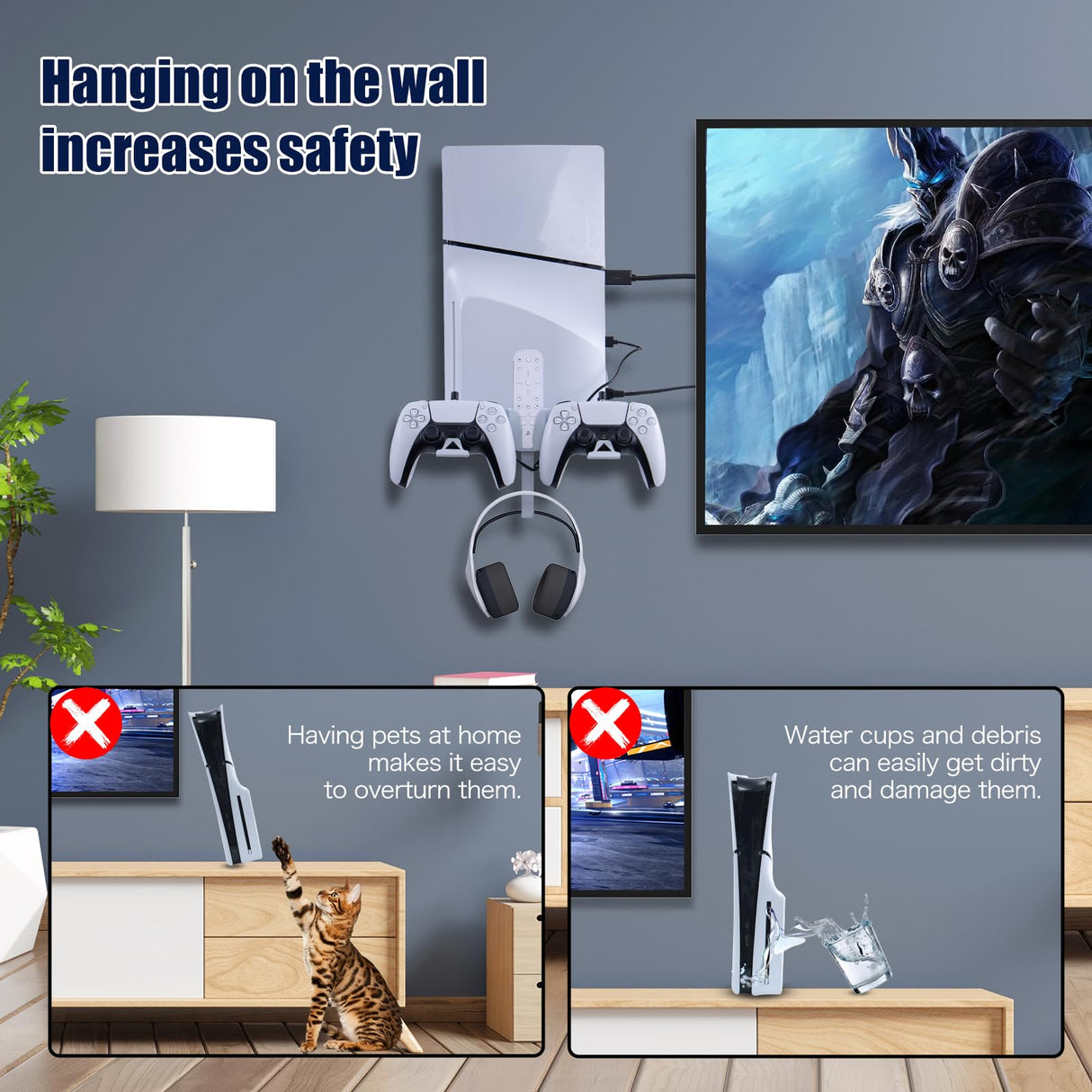 HEATFUN PS5 Slim Wall Mount Kit, Metal PS5 Slim Wall Shelf with Controller and Headphone Holder with 2-in-1 Magnetic Charging Cable - White HEATFUN