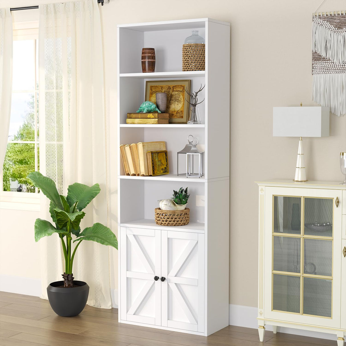 6-Tier White Wooden Bookshelf with Cabinet Doors - Versatile Storage Solution for Home and Office oneinmil