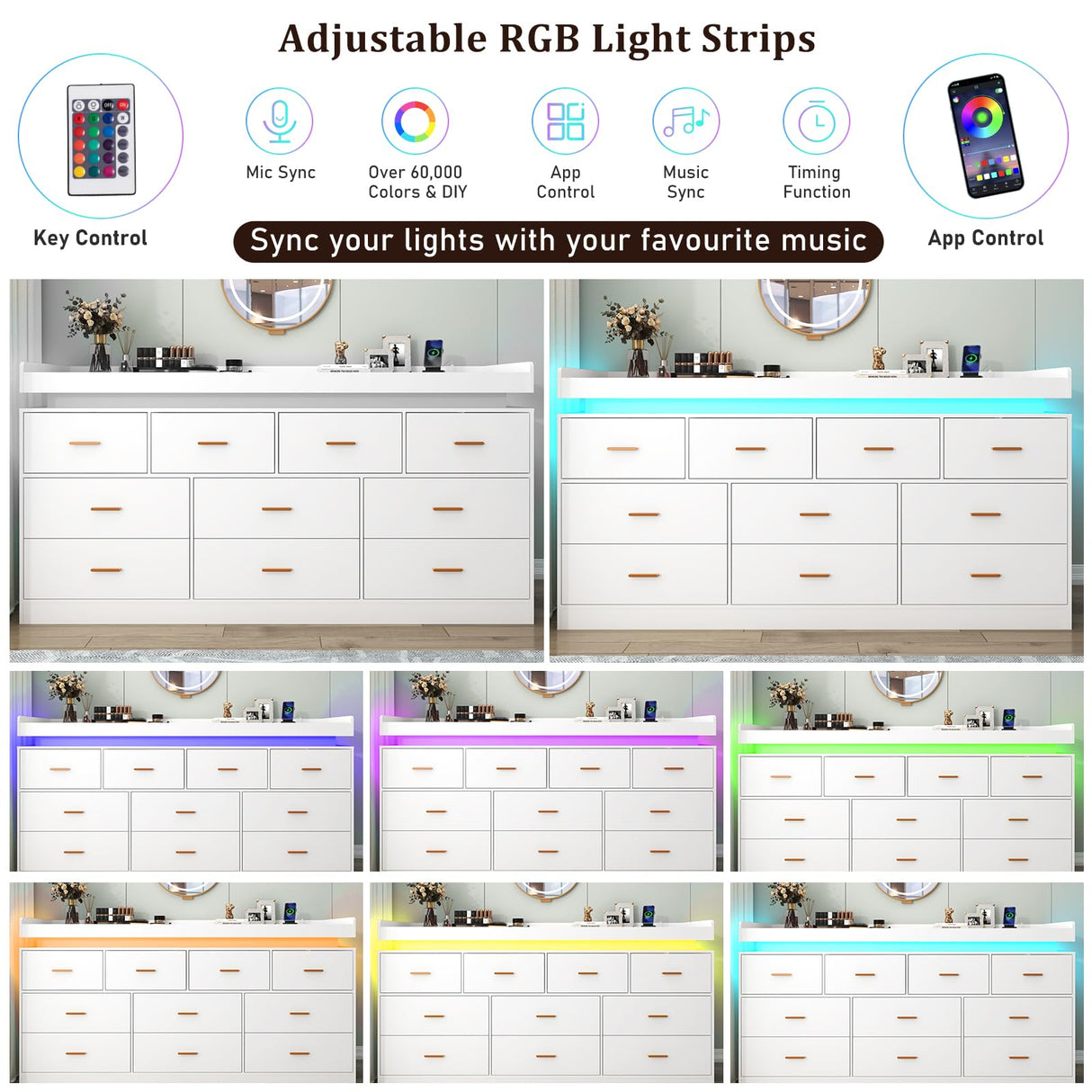 Hlivelood 10 Drawer Dresser with LED Light and Charging Station, Modern Chest of Drawers for Closet, Wide Drawer Organizer Cabinet for, Living Room, Entryway, Hallway, White Hlivelood