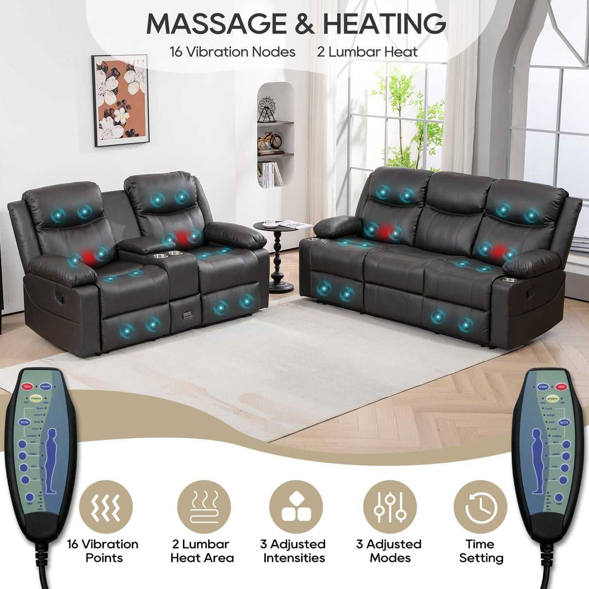 PALLOME Recliner Sofa Set - Reclining Sofa Couch Set, 2 Pieces Recliner Furniture Sofa Set, 3-Seater Reclining Sofa & 2-Seater Reclining Loveseat with Massage & Heat for Living Room (Grey) PALLOME