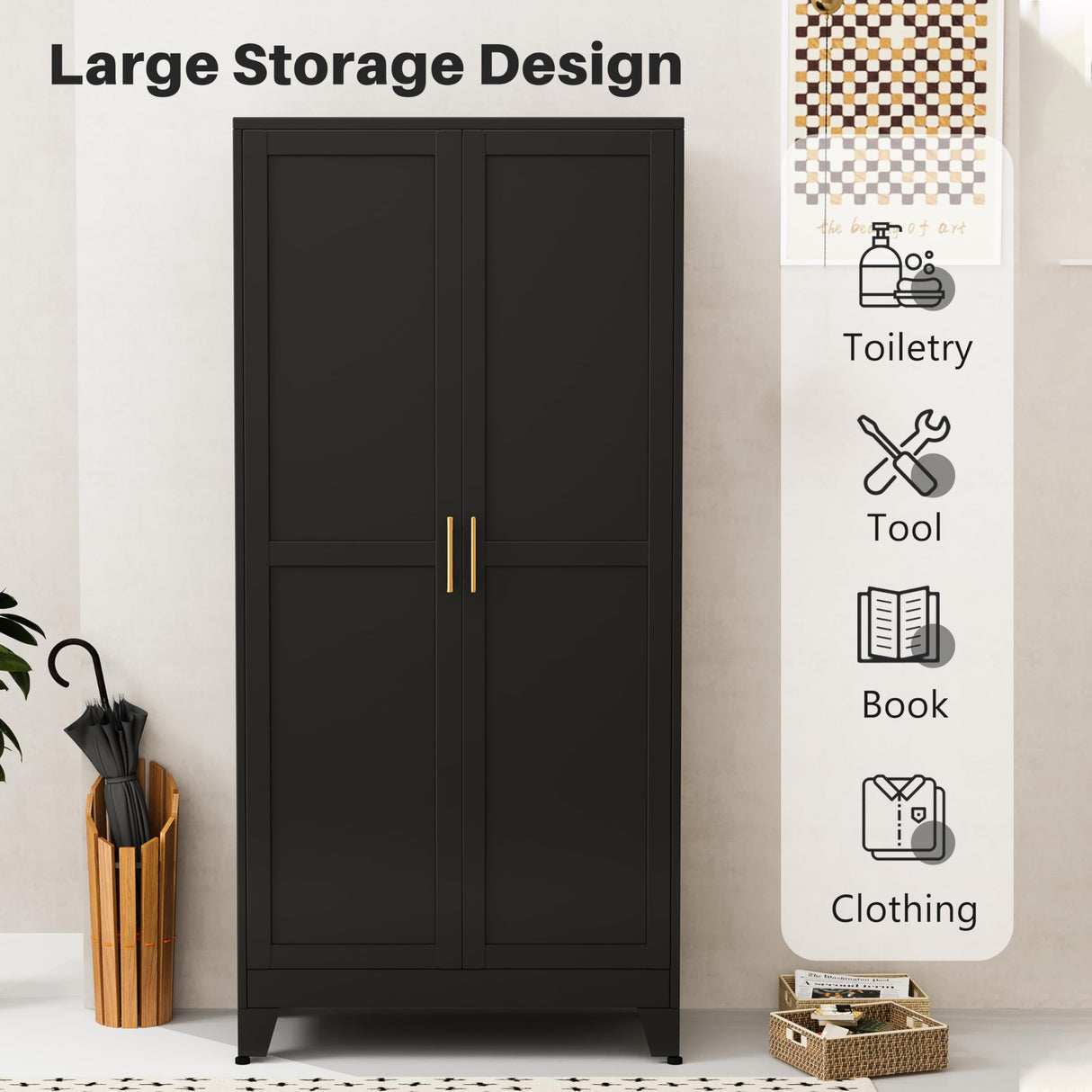 winiowa Metal Armoire Wardrobe Closet with 2 Doors, 71"' Wardrobe Cabinet with Adjustable Shelves and Hanging Rod, Clothing Storage Cabinet Closet for Bedroom-Black winiowa