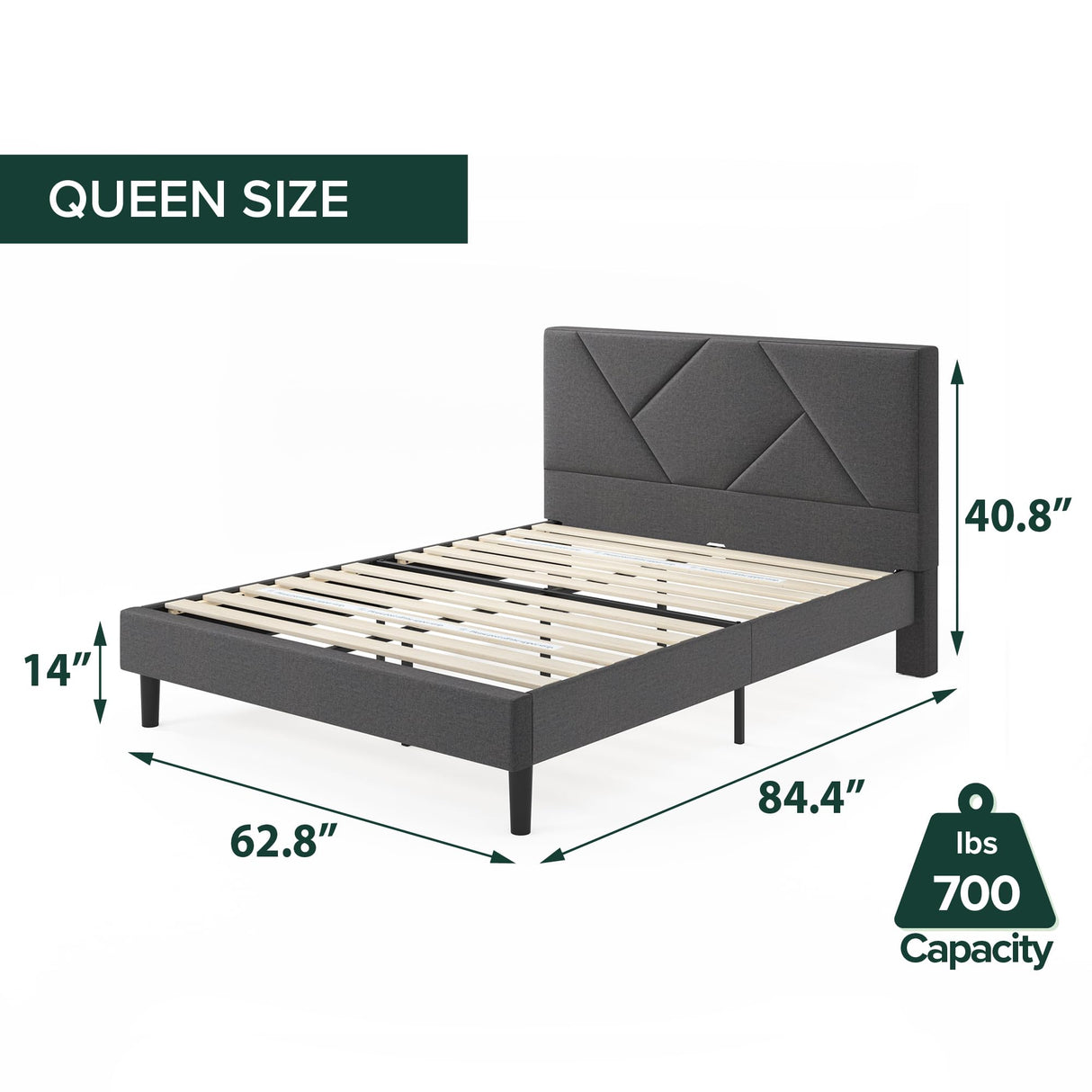 ZINUS Judy Upholstered Platform Bed Frame, Mattress Foundation, Wood Slat Support, No Box Spring Needed, Eco Friendly WonderBox (TM), Easy Assembly, Dark Grey, Queen ZINUS