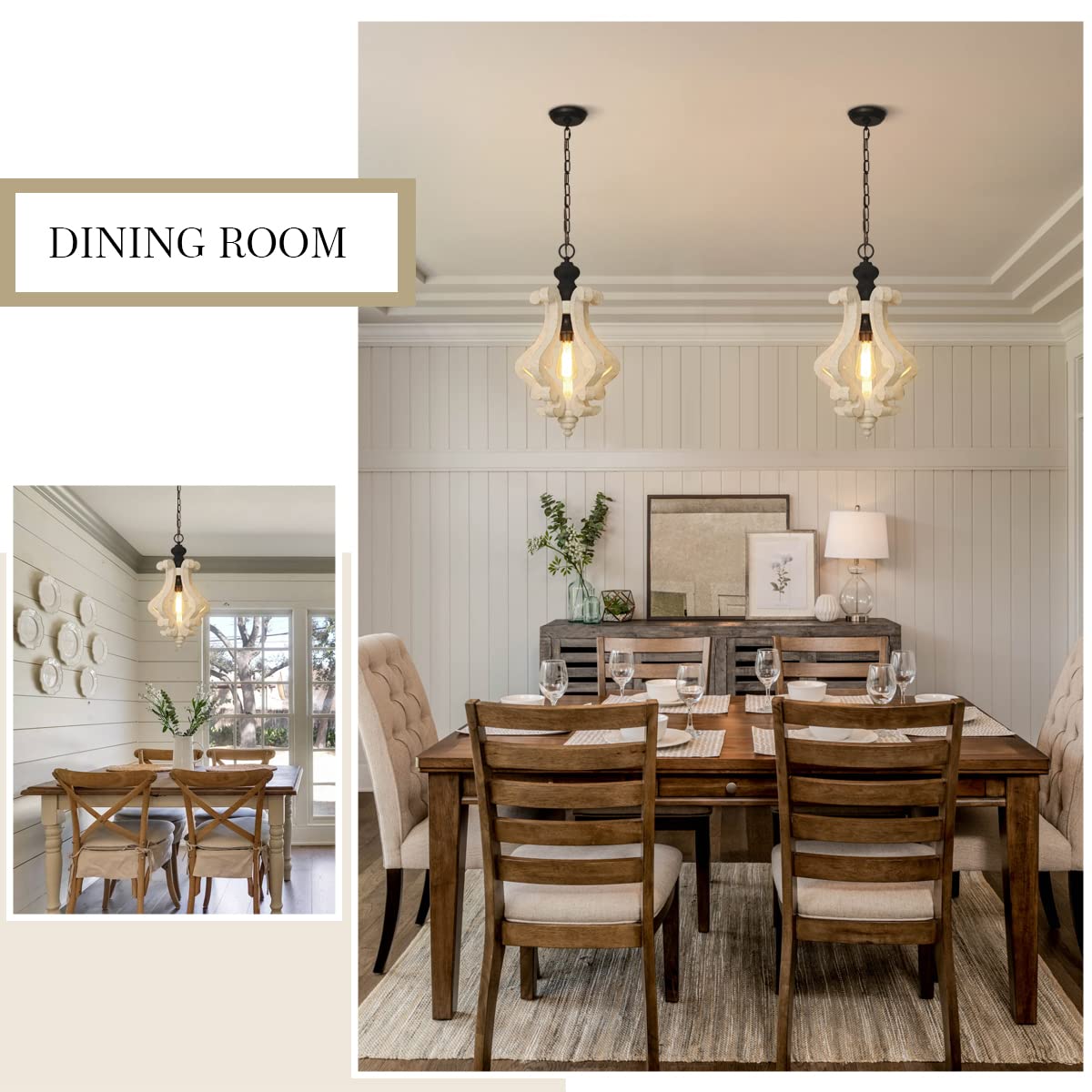 ANQIANYUE Farmhouse Wood Pendant Light, Distressed Rustic White Chandelier, 12.4" Vintage Pendant Lighting Fixture for Kitchen Island Dining Room Foyer Hallway Entryway Living Room; Adjustable ANQIANYUE