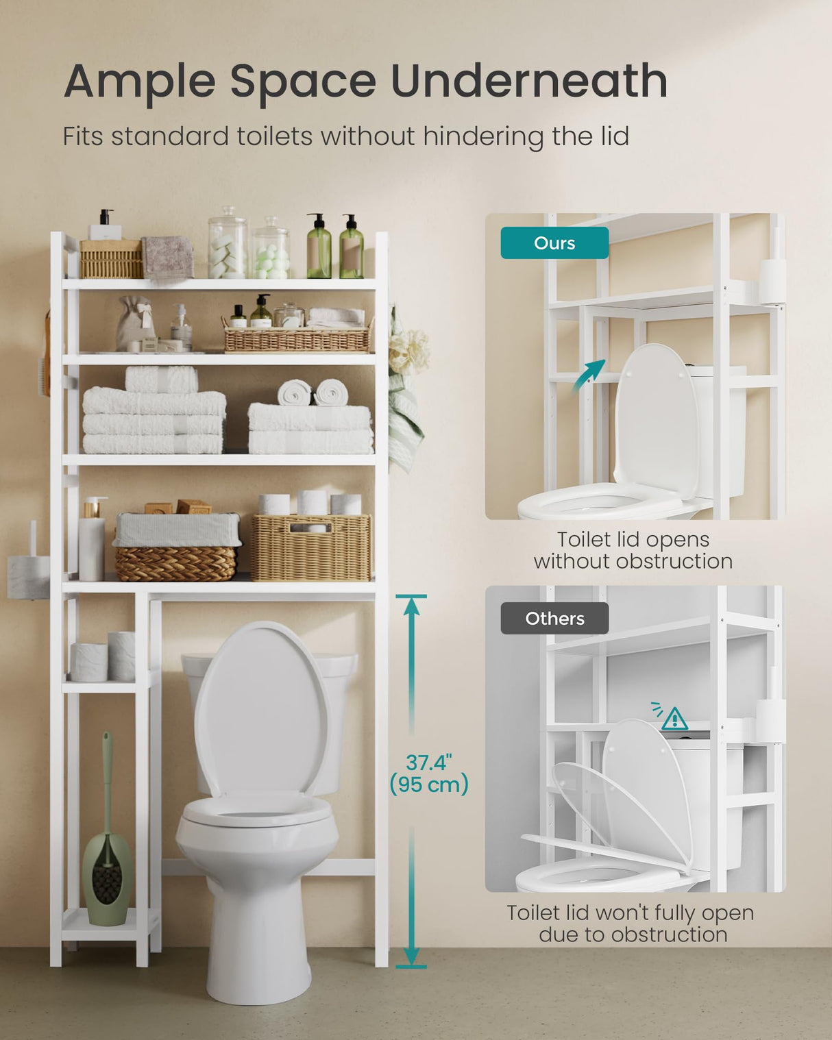 SONGMICS Over The Toilet Storage Shelf with Toilet Paper Holder, Bamboo Bathroom Organizer with Adjustable Shelves, 10.2 x 32.7 x 72.8 Inches, 4 Hooks, Storage Rack, Cloud White UBTS017W01 SONGMICS