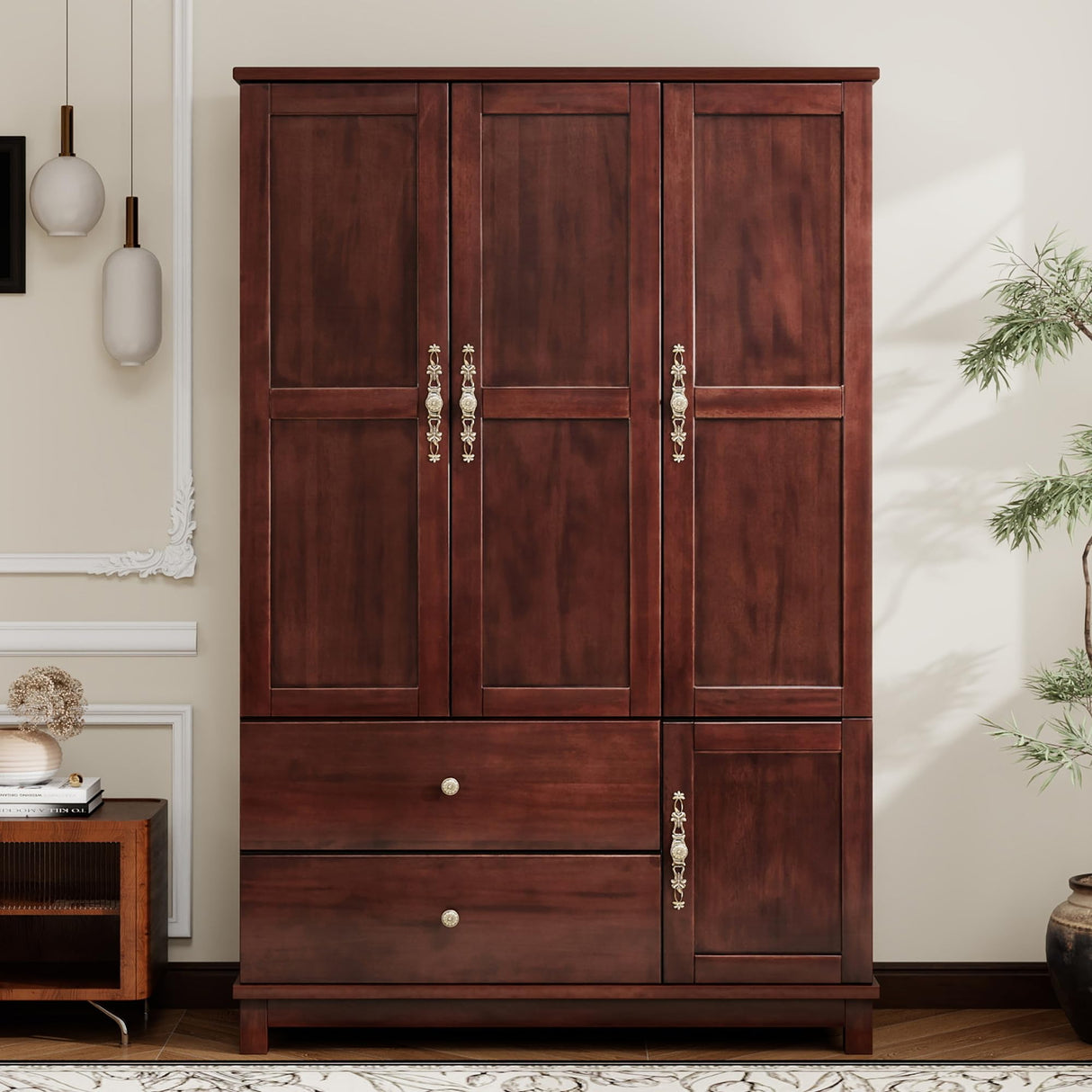 EITACHUL Solid Wood Brown Armoire Wardrobe Closet: 3 Door Solid Wood Wardrobe Cabinet with 2 Drawers, Armoire Closet with Hanging Rods Storing Clothes for Bedroom EITACHUL