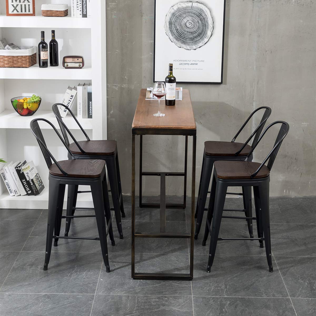 Aklaus Metal Bar Stools Set of 4,24 inch Barstools Counter Height Bar Stools with Backs Farmhouse Bar Stools with Larger seat High Back Kitchen Dining Chairs Modern Bar Chairs Matte Black Stool Aklaus