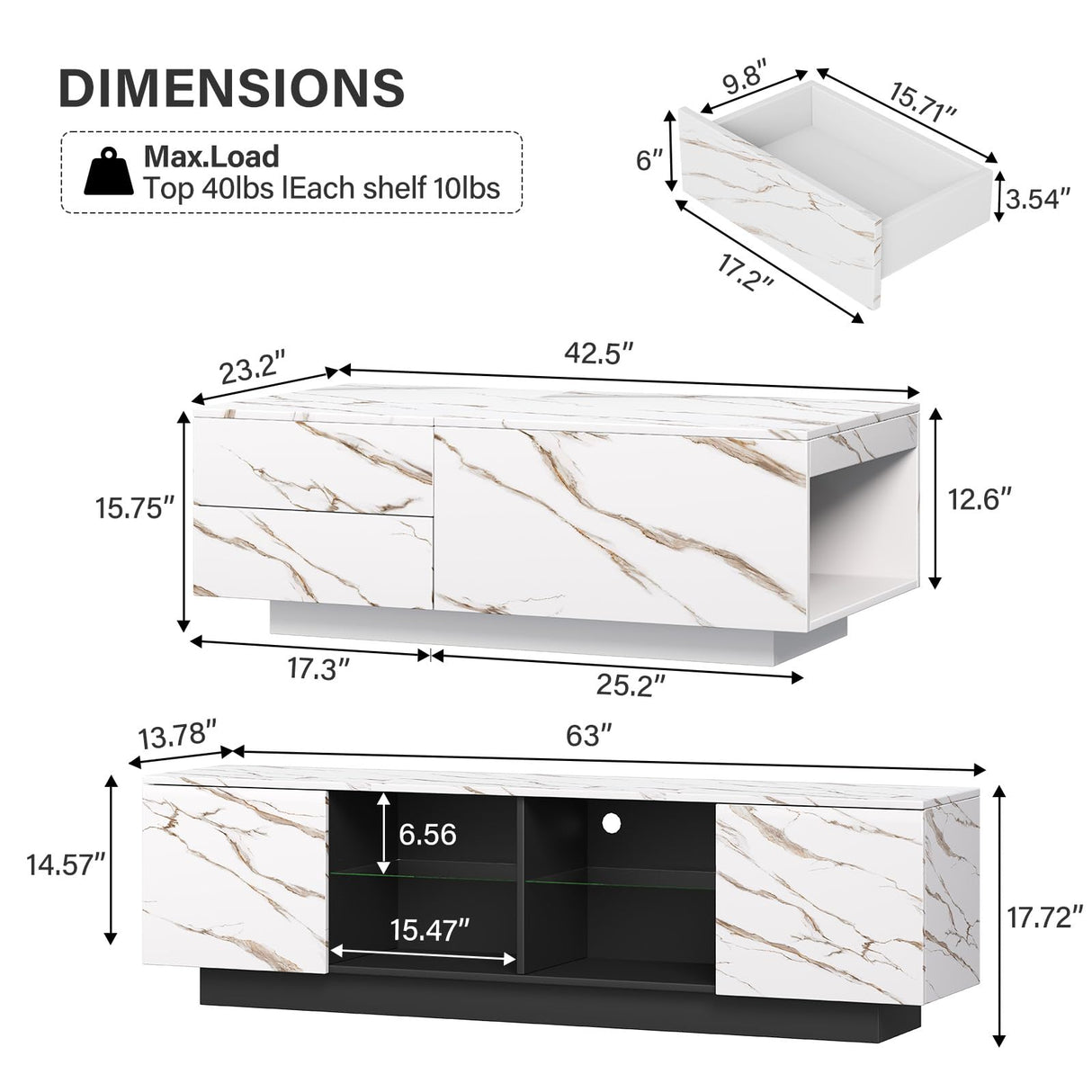 Svimi Modern Coffee Table & 65" TV Stand Set of 2, LED Entertainment Center with Power Outlets/Hidden Storage (White Coffee Table + White TV Stand) Svimi