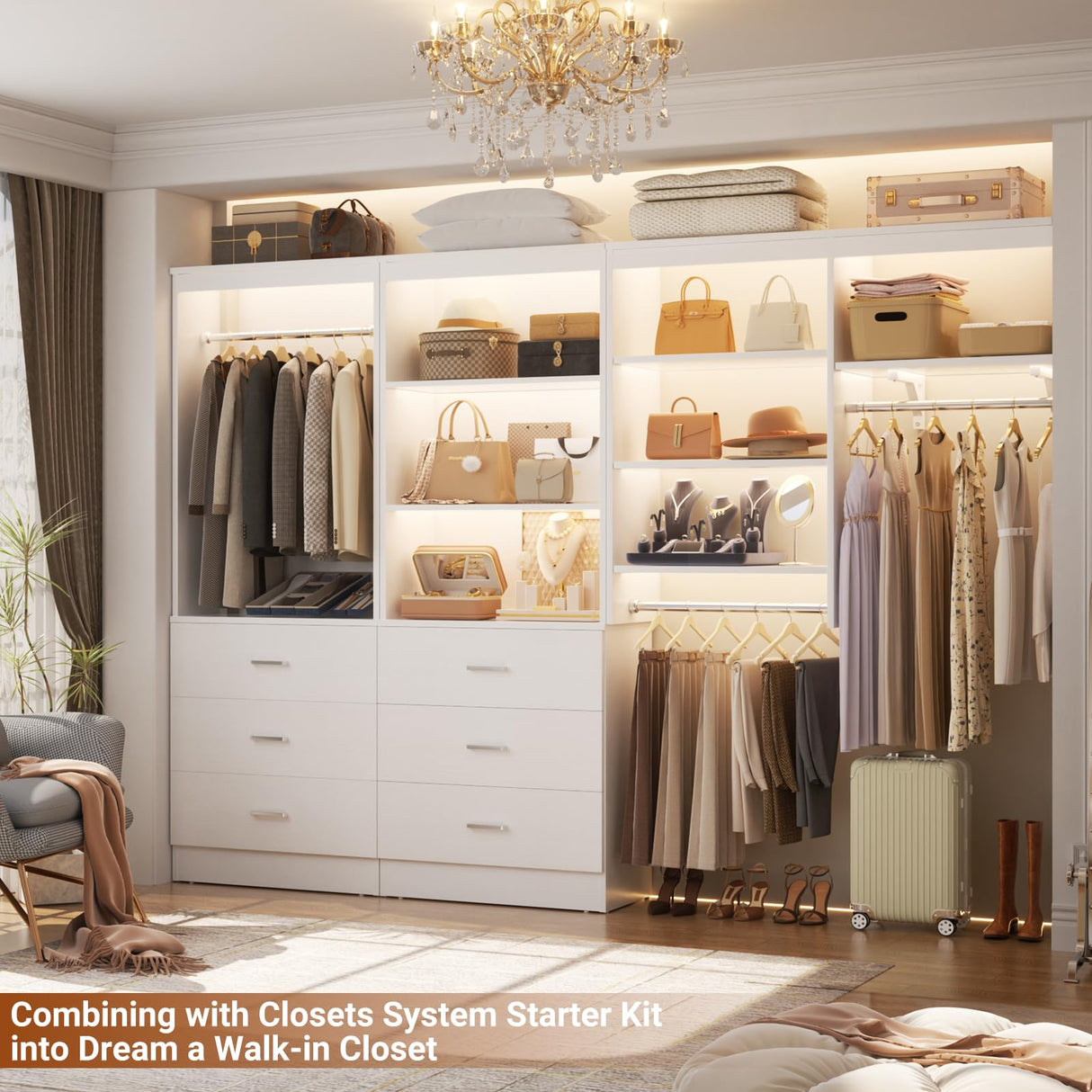 Aheaplus 23.6" Closet Drawers System, Wood Closet Organizer System with 3 Drawers, Modular Walk-in Closet Storage Unit, White (23.6" L x 13.8" W x 71" H) Aheaplus