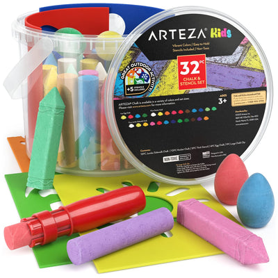 Arteza Kids Sidewalk Chalk and Stencil Set, 32 Pieces, Jumbo, Rocket, and Egg Chalks