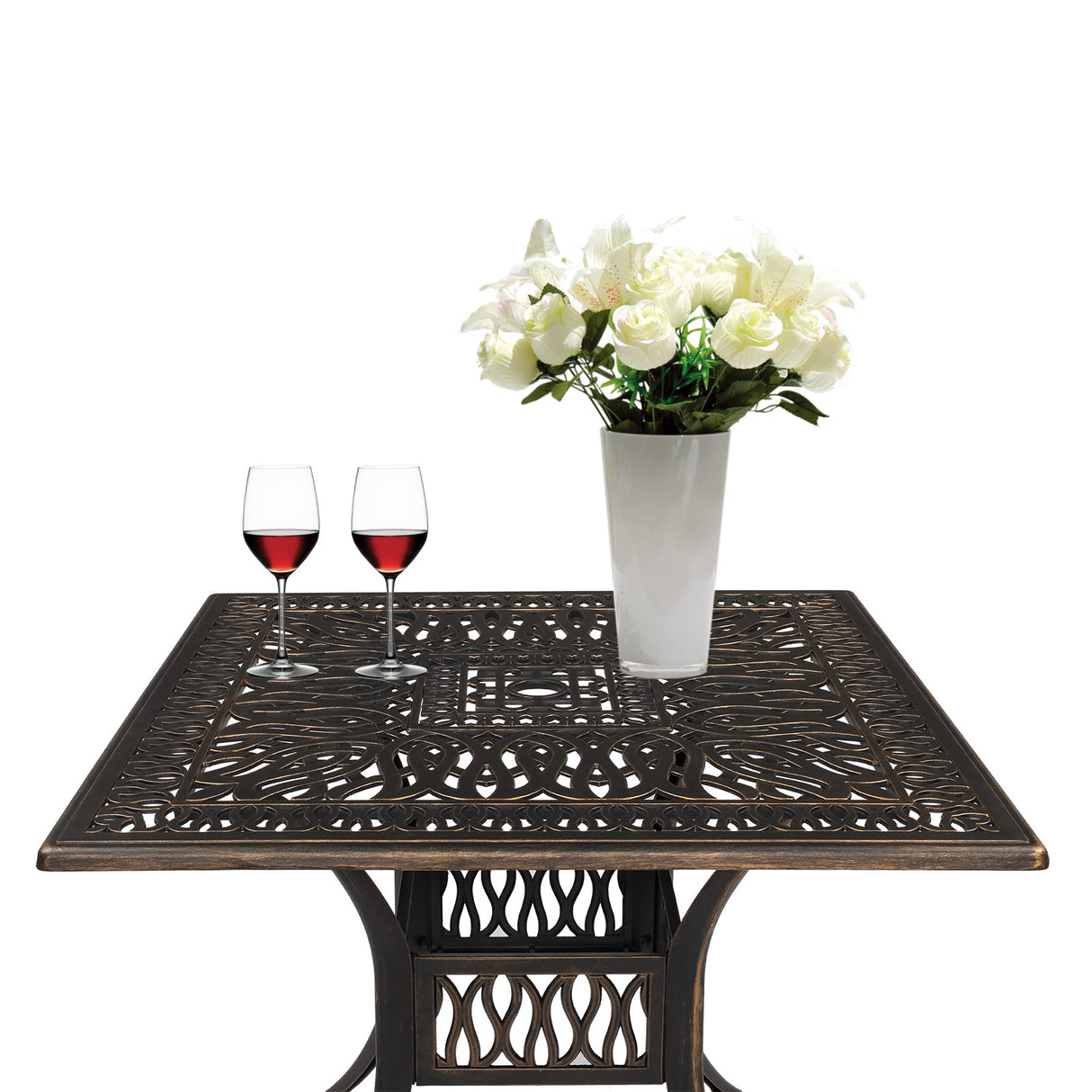 VINGLI 5 Pieces Outdoor Patio Dining Set, Cast Aluminium Patio Furniture Set with 4 Chairs and 1 Umbrella Table for Yard, Garden, Porch and Poolside, Bronze (Square Table) VINGLI