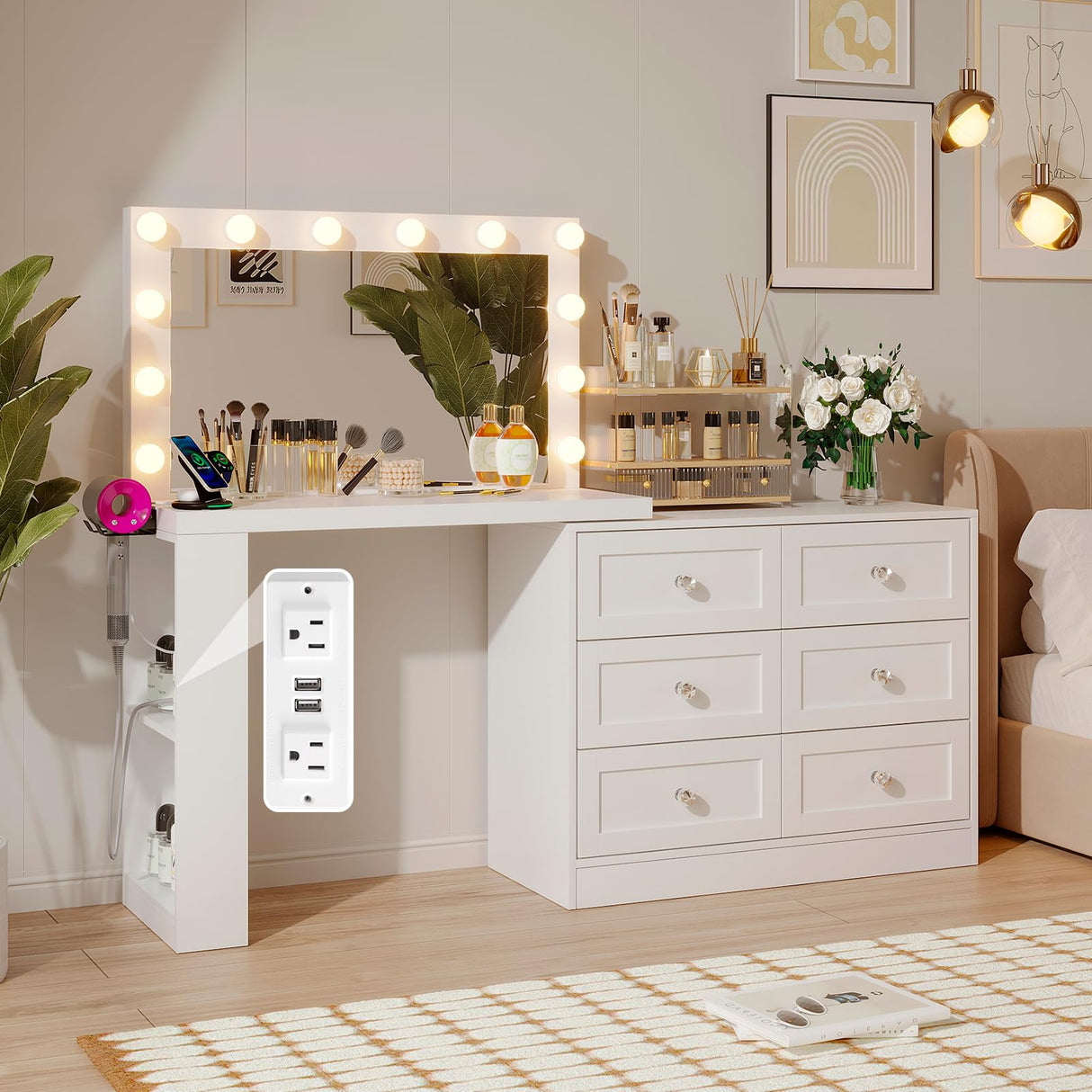 VOWNER Vanity Desk and Dresser Combo, Extendable Makeup Vainty with with Lighted Mirror & Power Outlet, Wood Corner Vanity with 6 Drawer Dresser, Makeup Table for Women, Bedroom Dressing Table(White) VOWNER