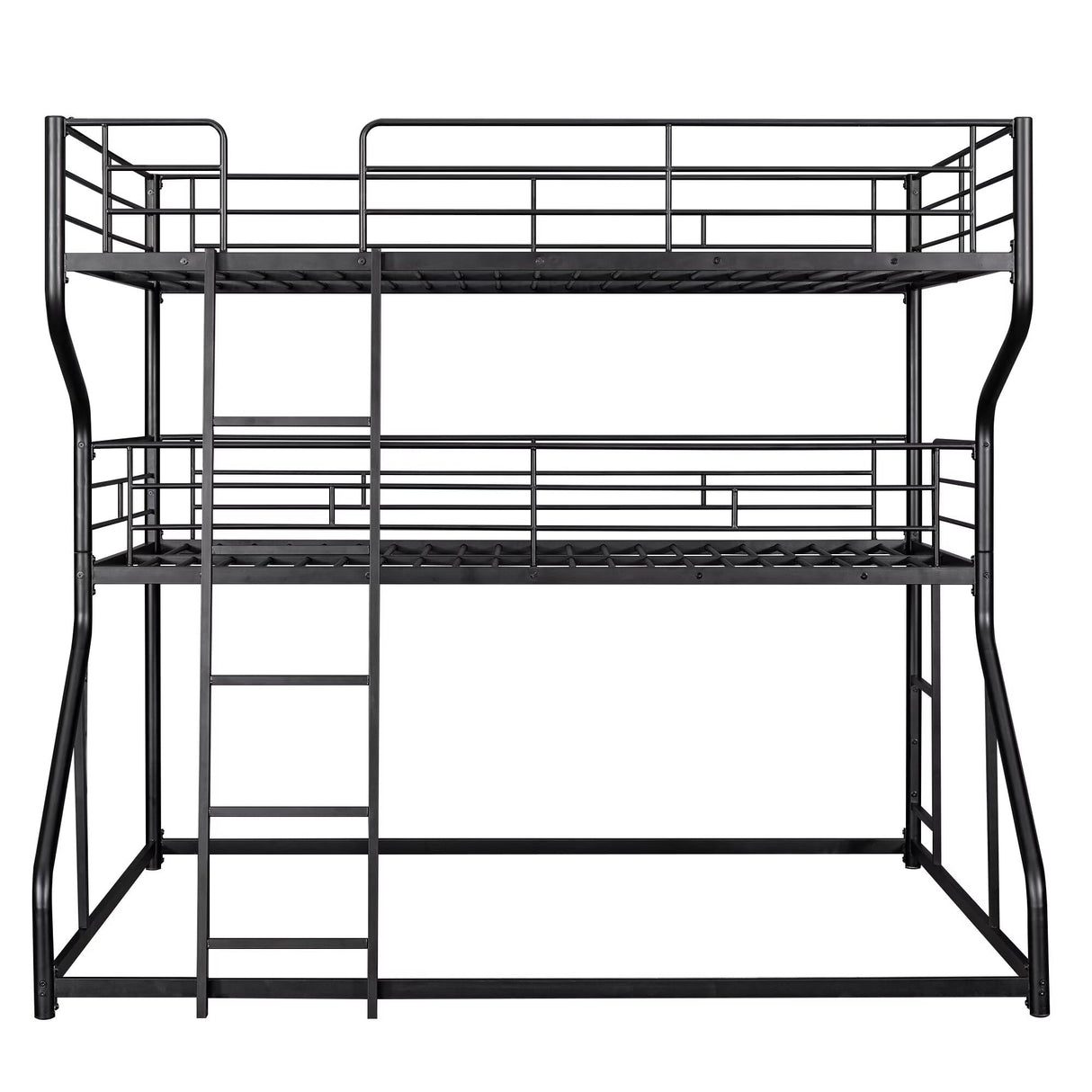 JIJIWANG Full XL Over Twin XL Over Queen Size Triple Bunk Bed with Long and Short Ladder, Unique Curved Metal Frame with Safety Guardrail, Industrial Style Triple Bunk Bed Frame, Black JIJIWANG